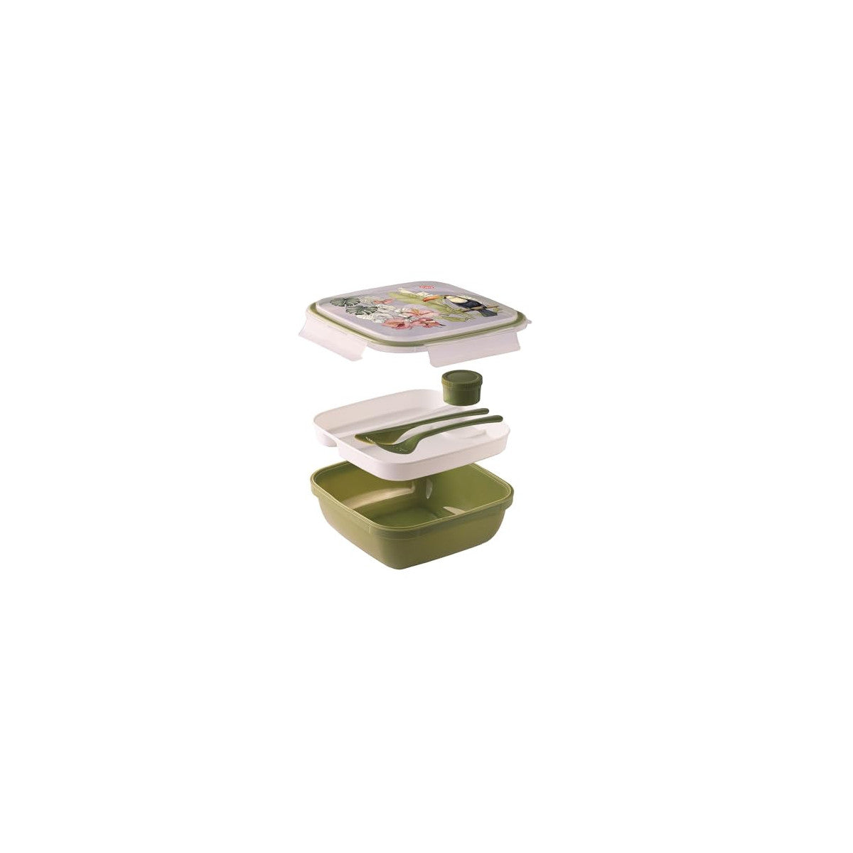 Snips Fresh Lunch Box Quadrato Tucano Con Posate, Vassoio E Salsiera, 4 Chiusure Di Sicurezza, 1,5 Lt, 21x21x8 Cm, Made In Italy
