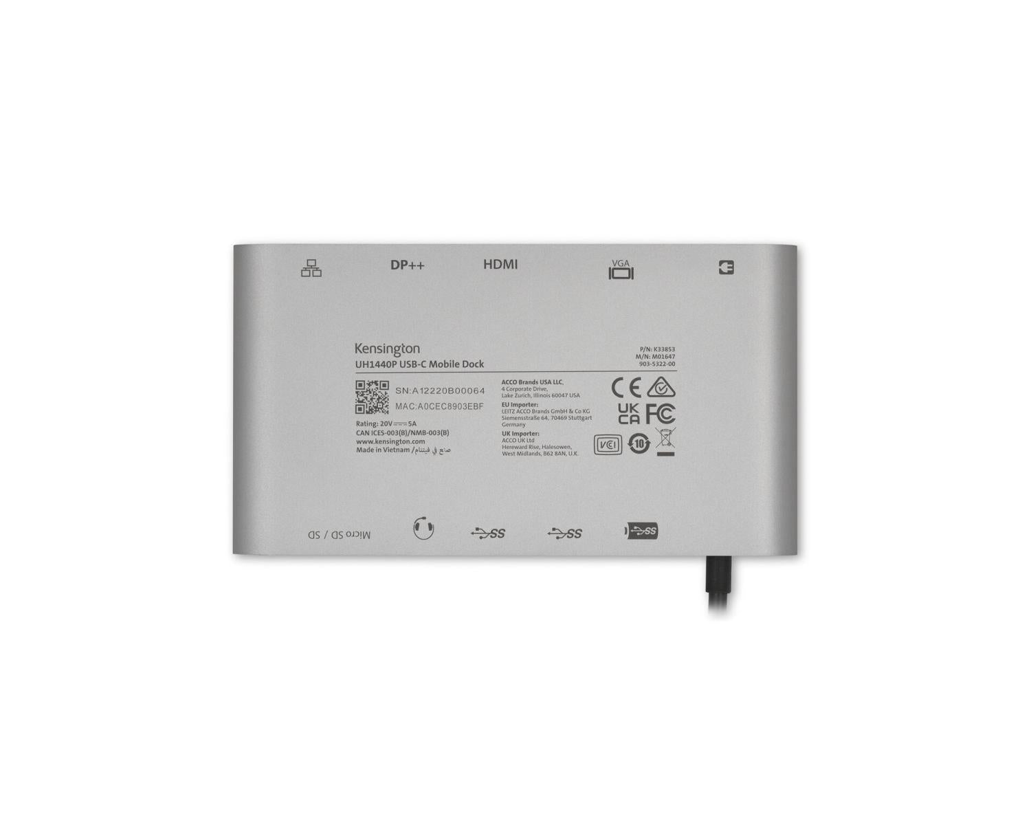 Kensington Docking station portatile senza driver doppia uscita video UH1440P USB-C 5 Gbps DP/HDMI/VGA