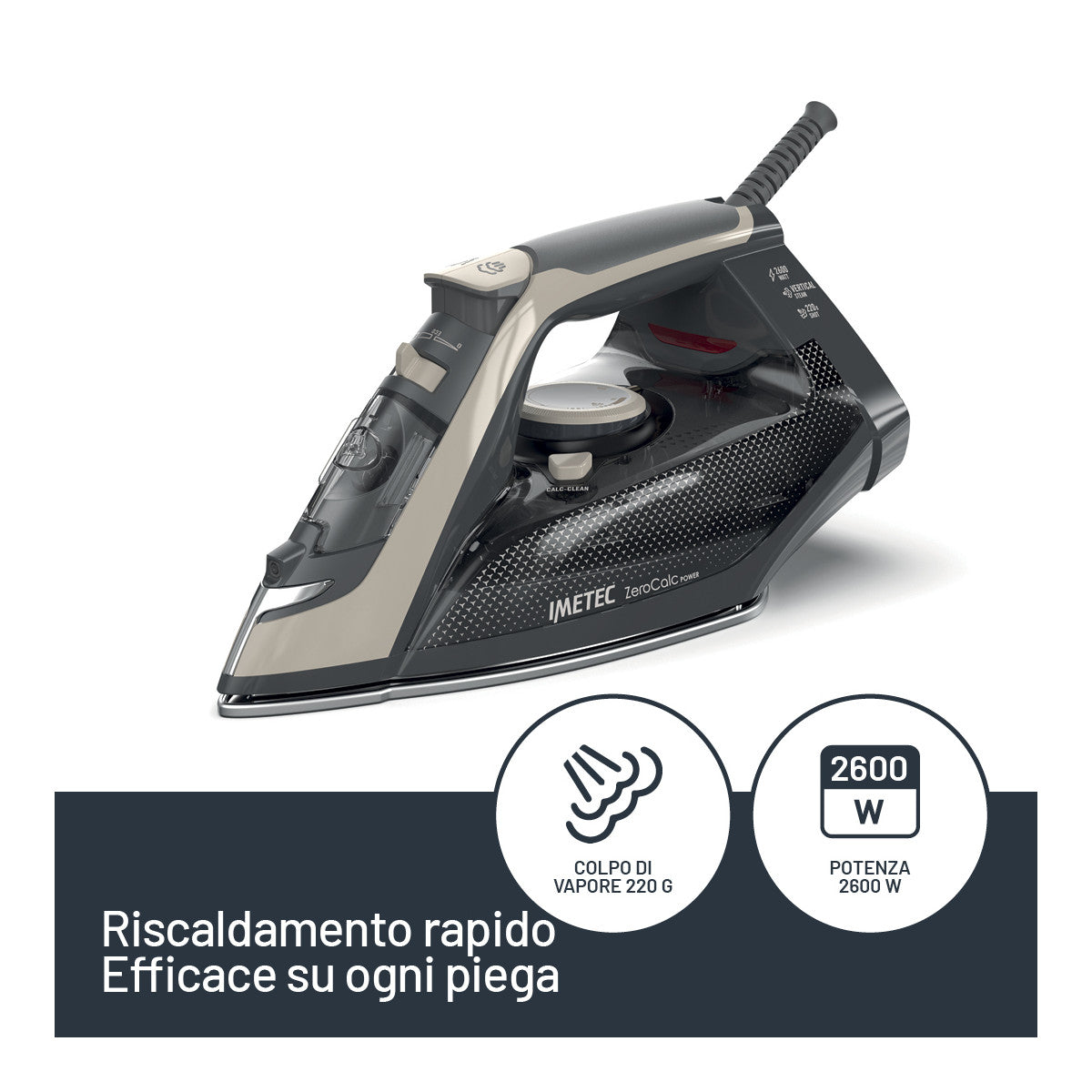 Imetec ZeroCalc Power - Ferro da Stiro da 2600W con Colpo di Vapore 220g,Piastra in Acciaio Satinato, Sistema Anticalcare, Leggero