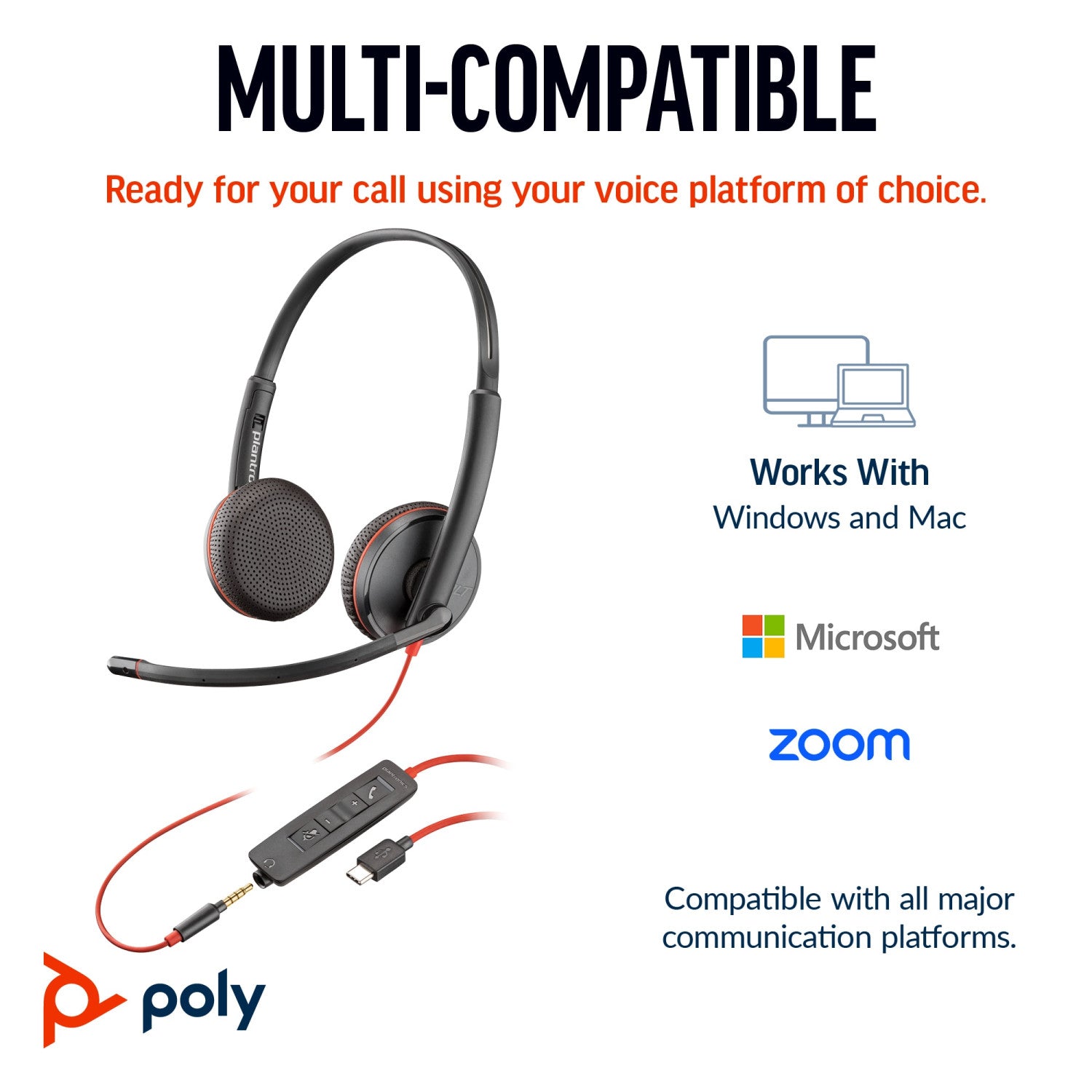 Cuffie Poly Blackwire 3225 stereo USB-C spinotto da 3,5 mm adattatore USB-C/A
