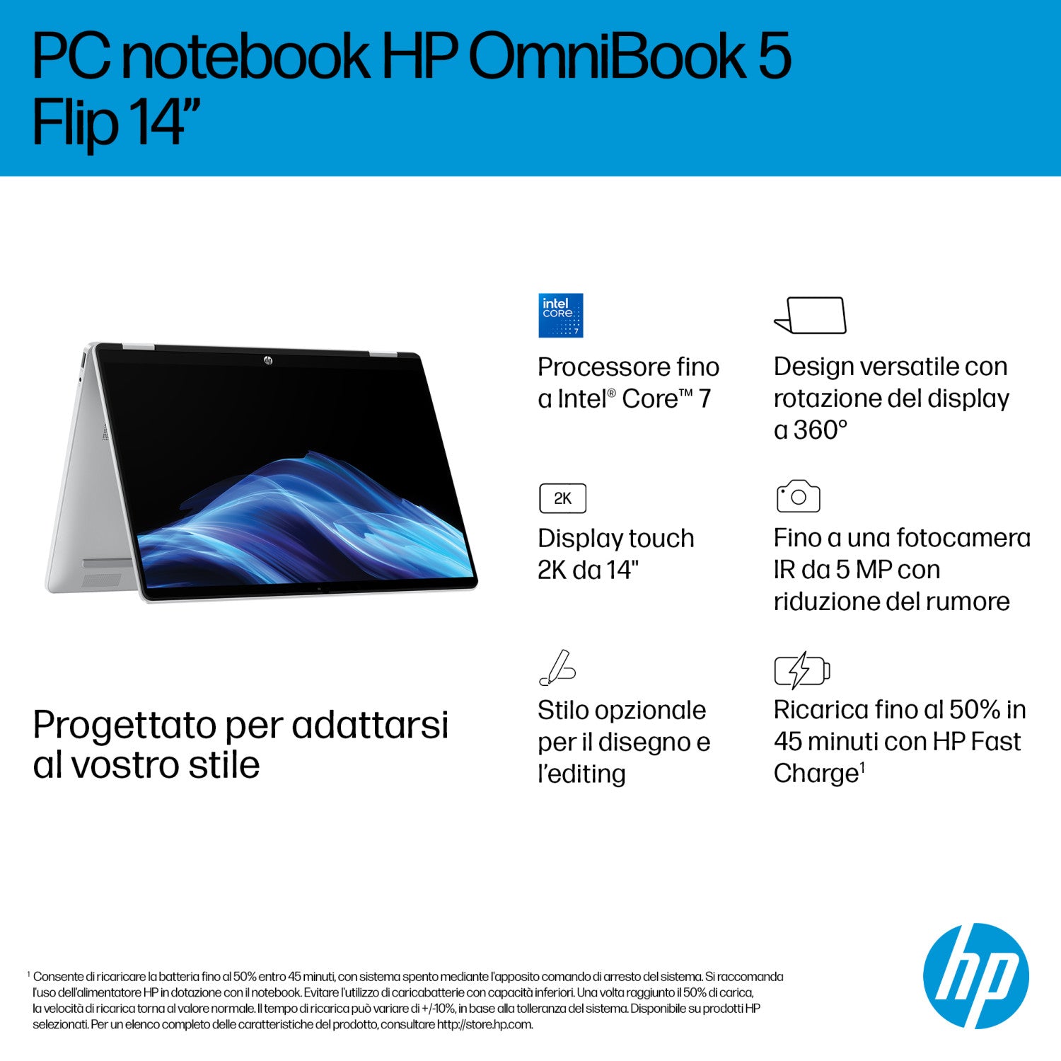 HP OmniBook 5 Flip 2-in-1 Laptop 14-fp0012nlx Intel Core i3 i3-1315U 35,6 cm (14 pollici) Touch screen 2K 8 GB LPDDR5-SDRAM 512 GB SSD Wi-Fi 6 (802.11ax) Windows 11 Home Argento