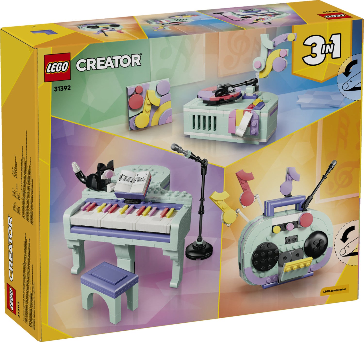 LEGO Creator 31392 3in1: Pianoforte Decorativo con Gatto, Giocattolo Retrò Trasformabile in Radio o Giradischi, Regalo da 9