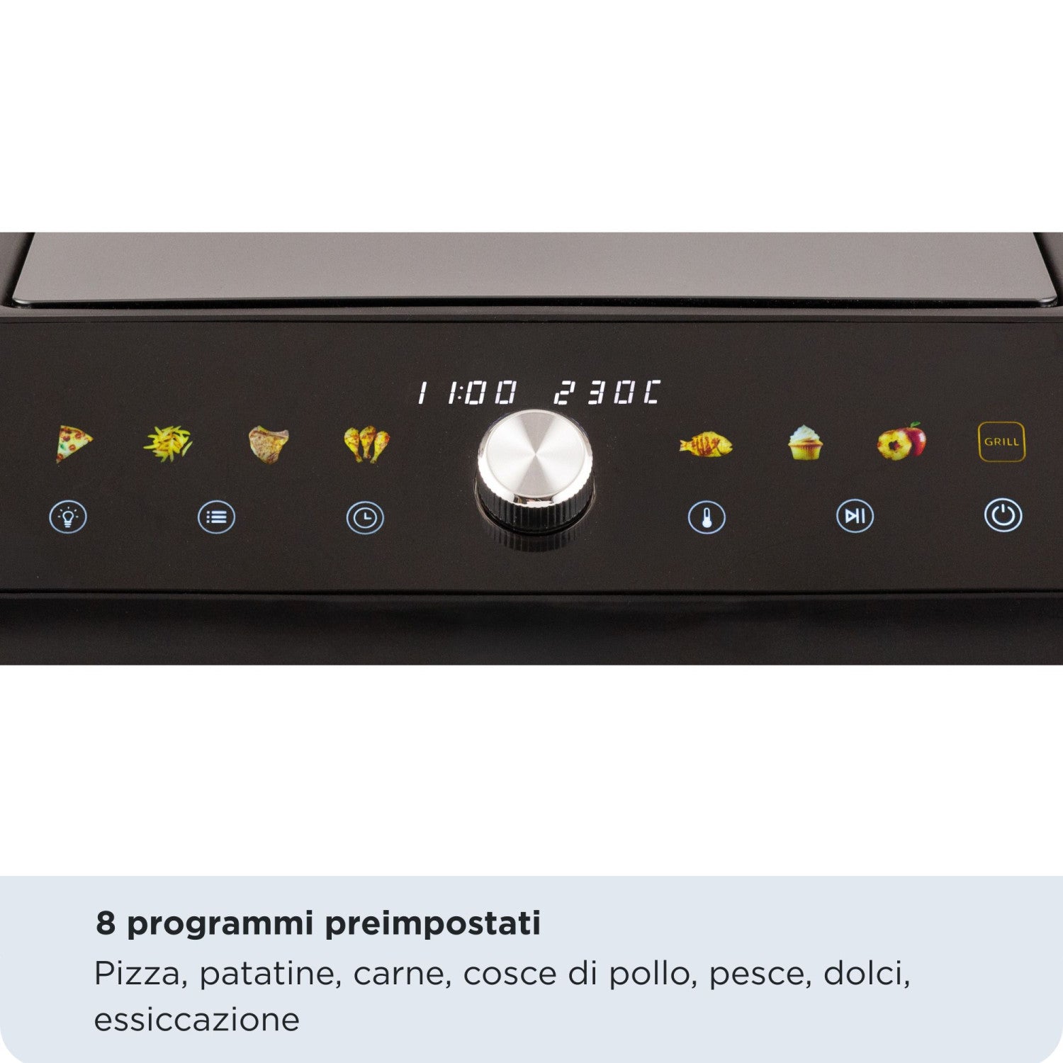 Ariete 4649 Air Fryer + Grill Pizza oven, Friggitrice e forno pizza, 2000W, Capacità 10L, 8 programmi di cottura, Timer, Cuoce una pizza intera, Finestra trasparente + luce, doppia resistenza, fino a 230°C
