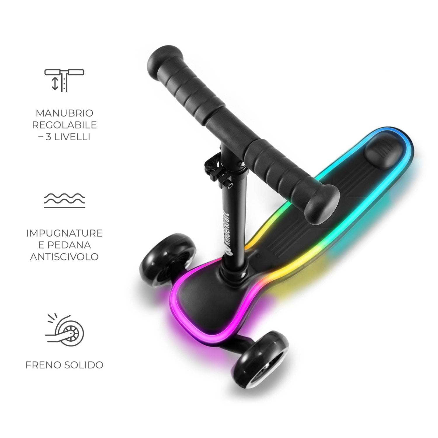 Kk Kinderkraft Raket Monopattino Bambini 3 Ruote Con Luci Led Rgb, Pieghevole, Manubrio Regolabile, 2 Anni, Nero