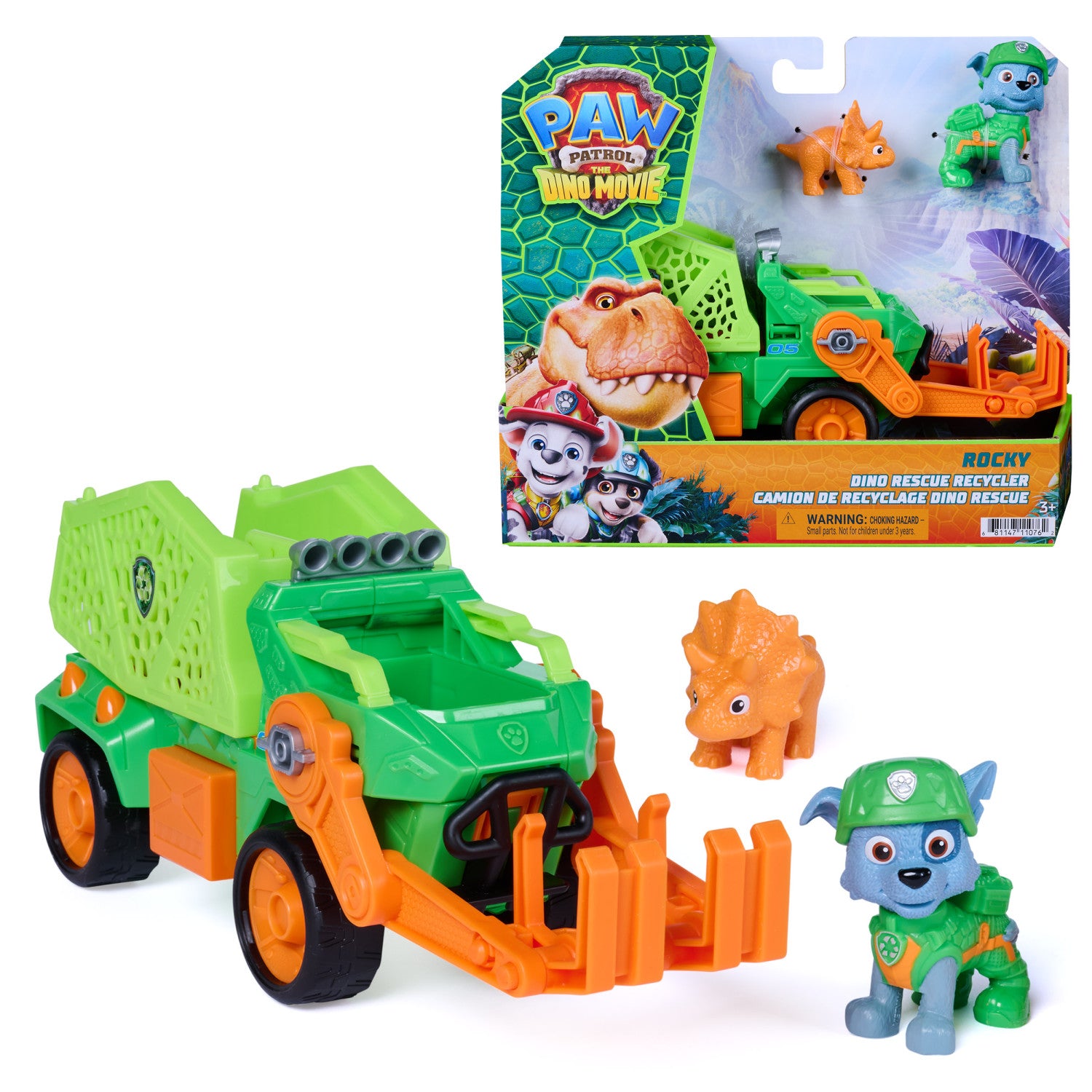 PAW Patrol : The Dino Movie, Rocky Dino Rescue Recycler con compartimento segreto e tenaglia funzionante, 2 action figure e un veicolo, giocattoli per bambine e bambini dai 3 anni in su
