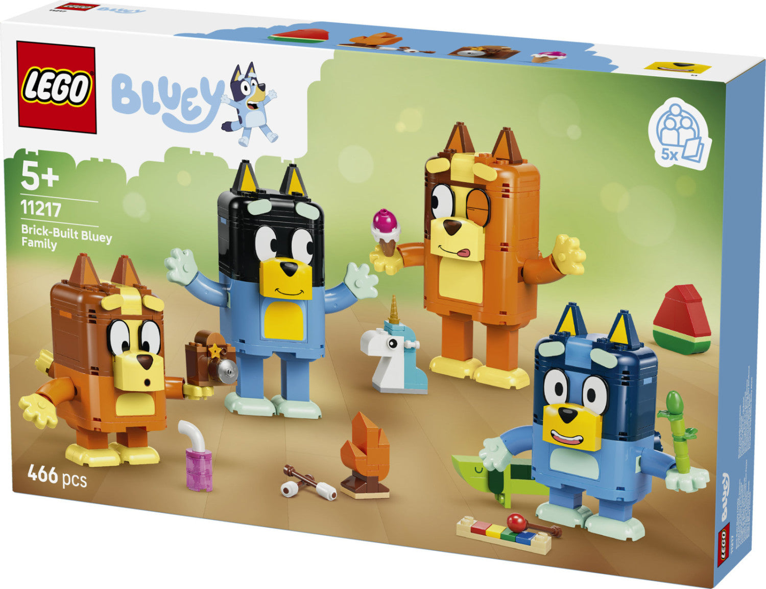 LEGO Bluey 11217 Famiglia Bluey in Mattoncini, 4 Personaggi e Accessori, 466 Pezzi, Età 5