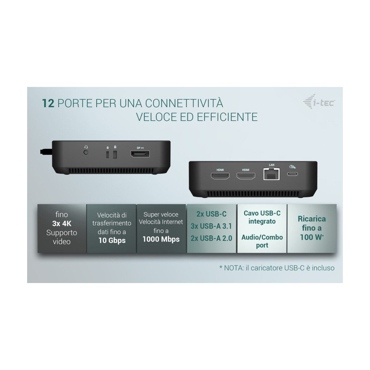 i-tec USB-C DP Dual HDMI Docking Station with Power Delivery 100 W Universal Charger 100W