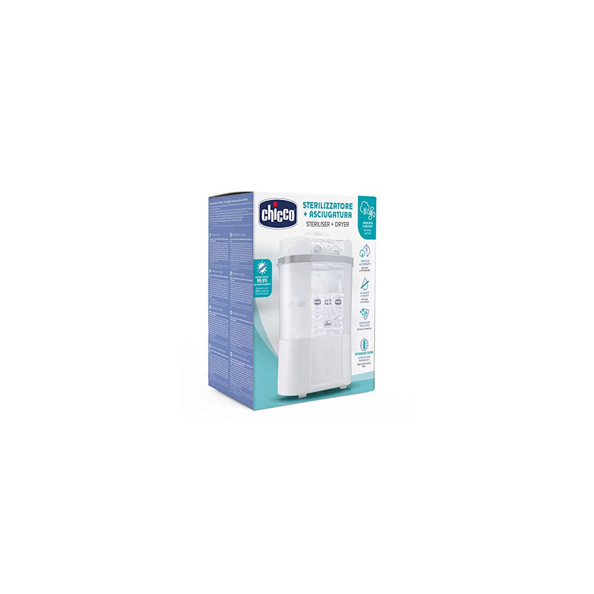Chicco Sterilizzatore Con Asciugatura Per Biberon, Tiralatte E Ciucci, Fino A 6 Biberon Da 330 Ml, 2 Configurazioni, Vapore Naturale, Bianco