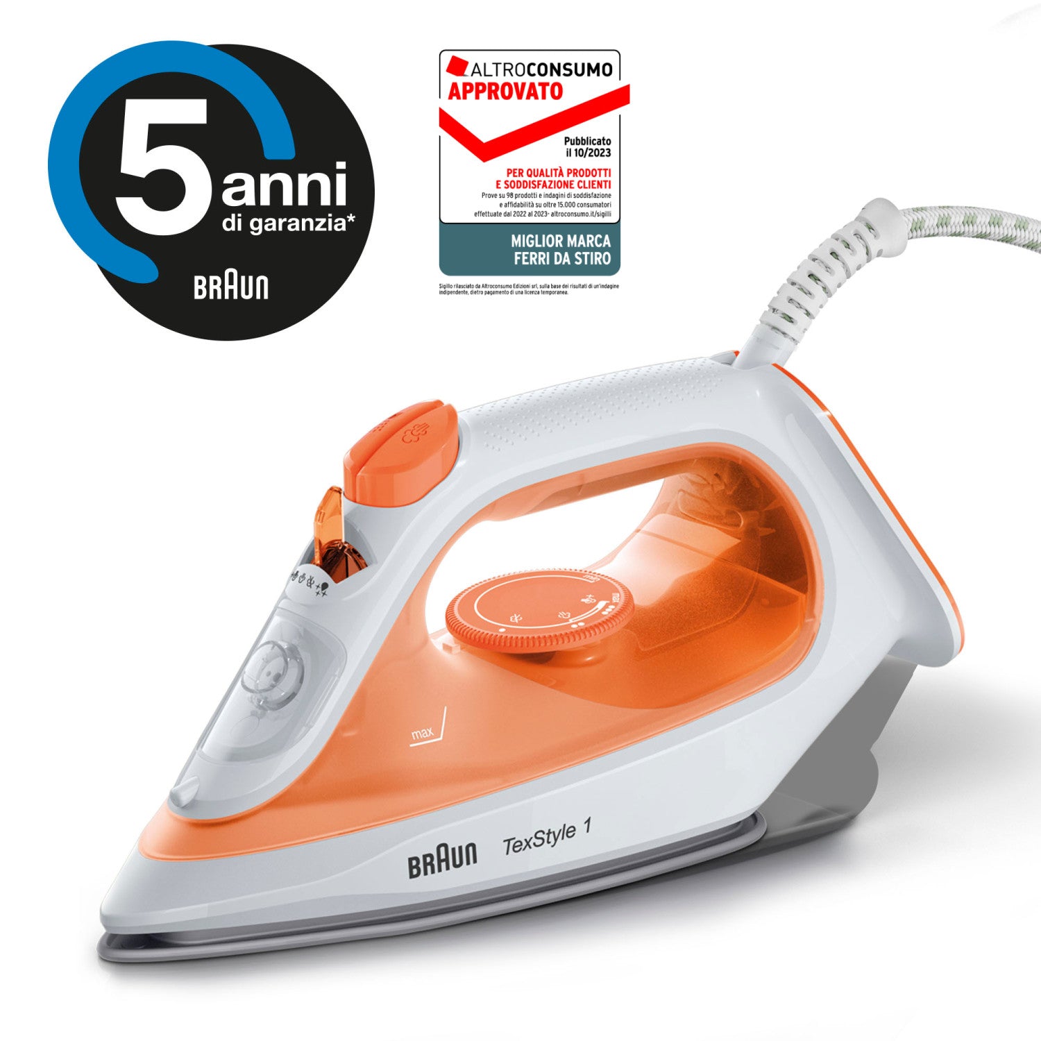 Braun TexStyle 1 SI 1009 Ferro a Vapore Piastra Antiaderente 1900 W Arancione Bianco