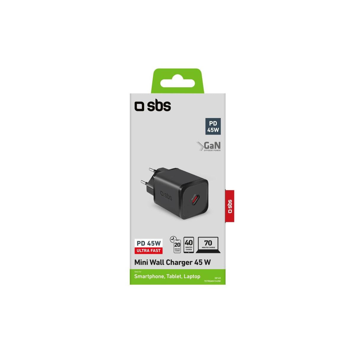 SBS TETRGAN1C45W Caricabatterie per dispositivi mobili Cuffie. Computer portatile. Smartphone. Orologio intelligente. Tablet Nero AC Ricarica rapida Interno
