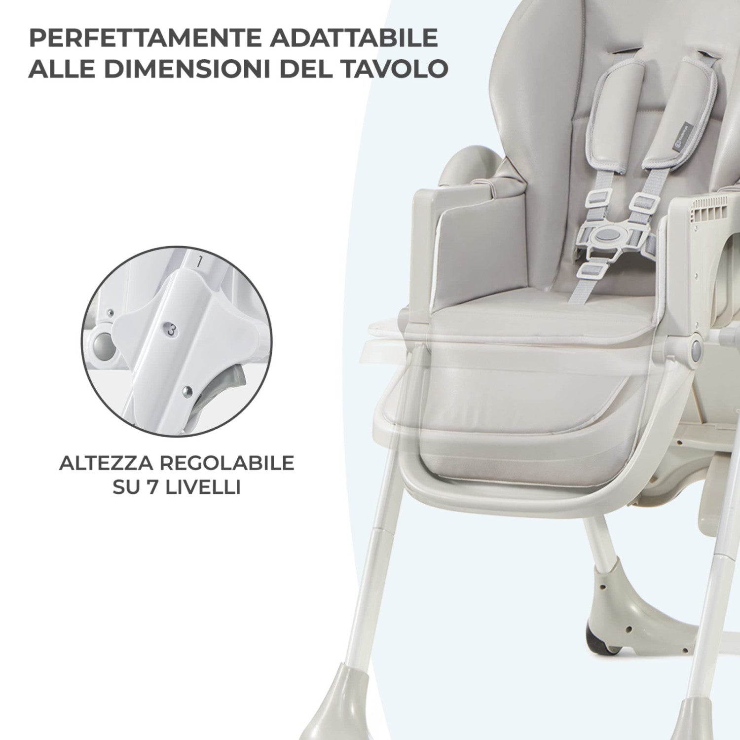 Kinderkraft Yummy Seggiolone Pappa Regolabile Pieghevole, 7 Altezze, Schienale 3 Posizioni, Cinture 5 Punti, 6 Mesi-3 Anni, Grigio