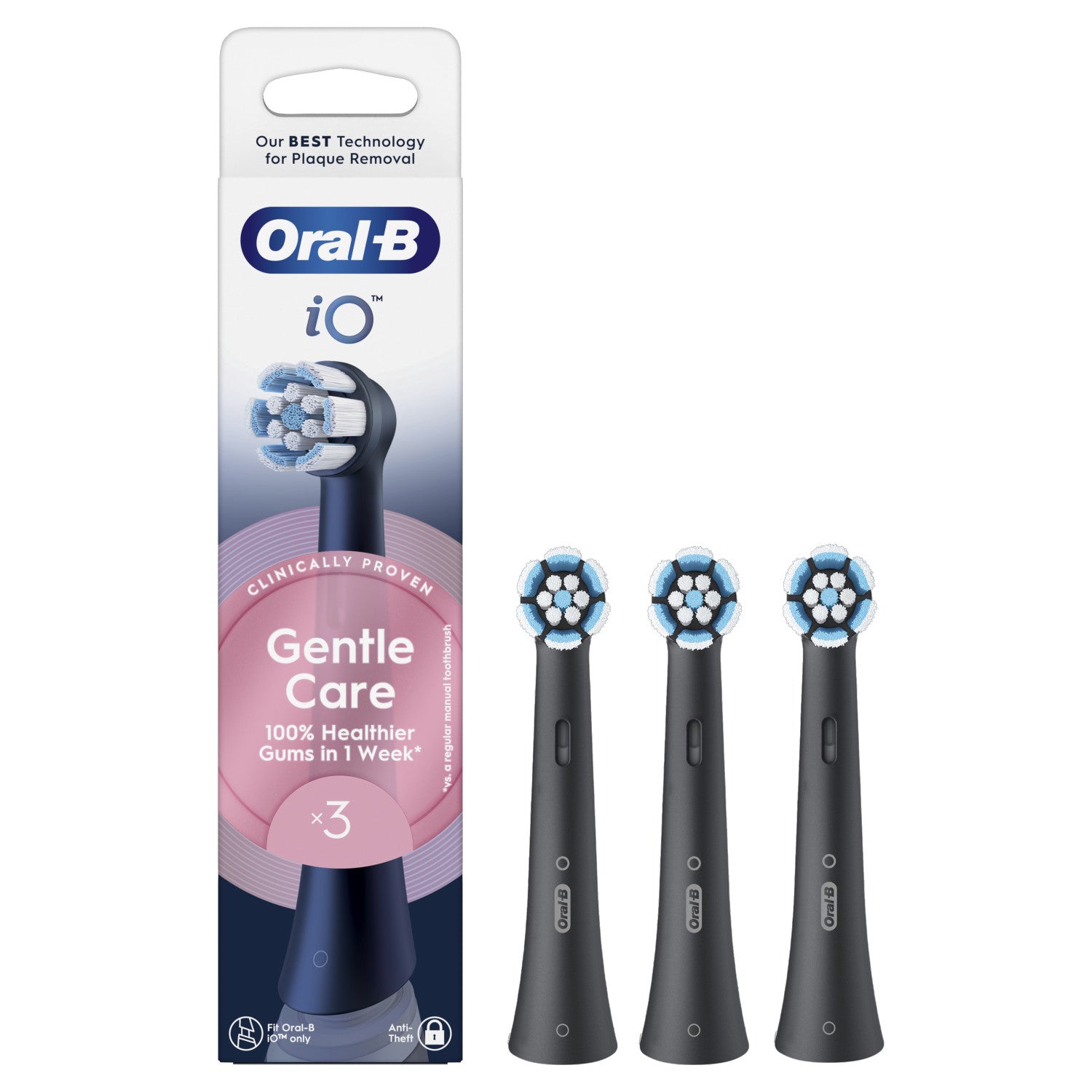 Oral-B Testine di Ricambio iO Series Gentle Care Black, testine rotonde di ricambio originali, setole angolate per una rimozione più profonda della placca, testina più morbida, adatte a gengive sensibili, 3