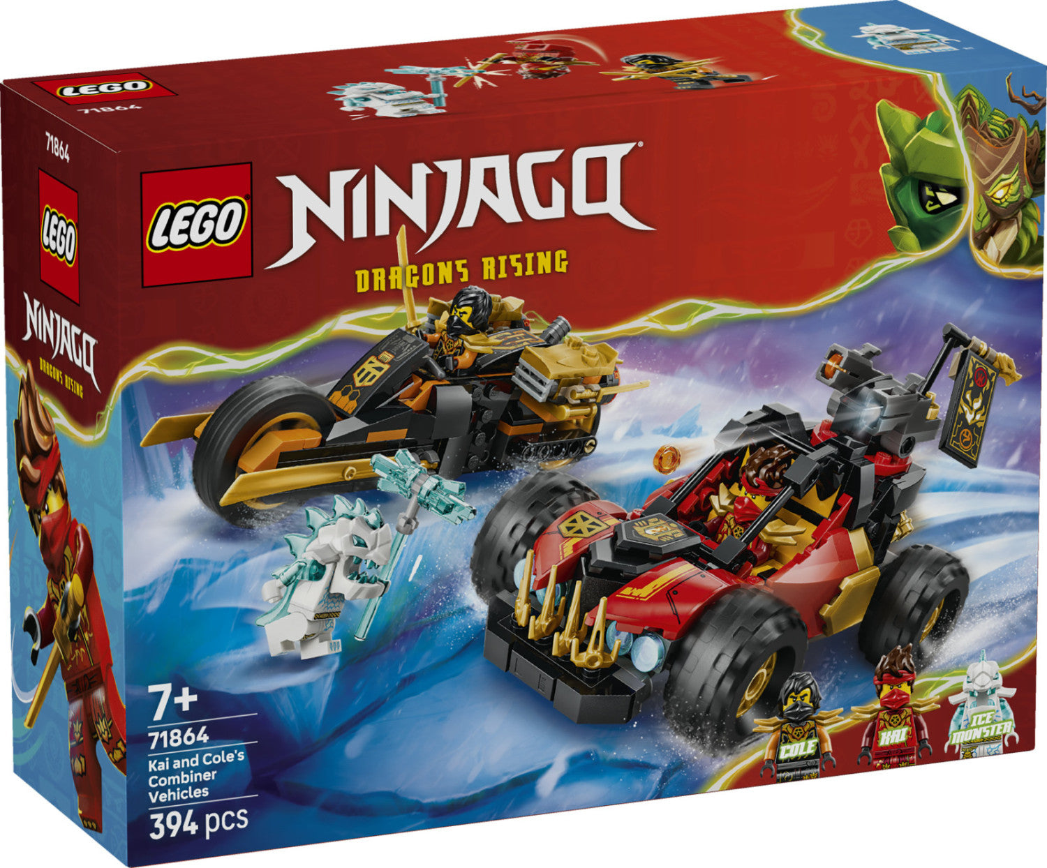 LEGO Ninjago 71864 Veicoli Combinanti di Kai e Cole, con Macchina e Moto Giocattolo e 3 Minifigure, Regalo per Bambini da 7