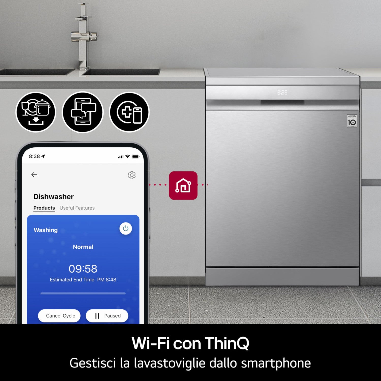 LG Lavastoviglie Libera Installazione DF375HWS Classe A 14 Coperti TrueSteam QuadWash 3 Cestelli Auto-Apertura Wi-Fi 43dB Bianco