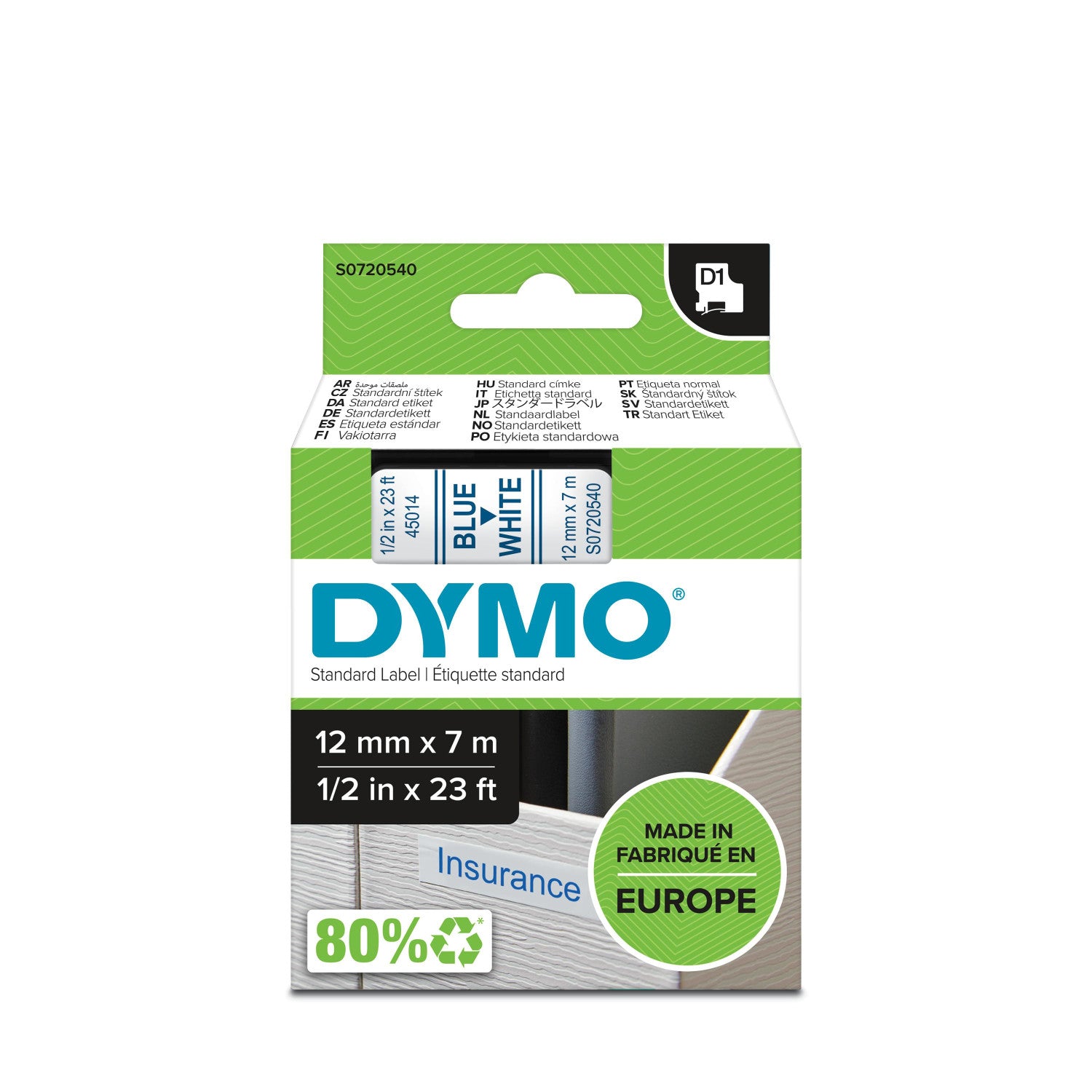 DYMO D1 Standard - Blue on White - 12mm nastro per etichettatrice