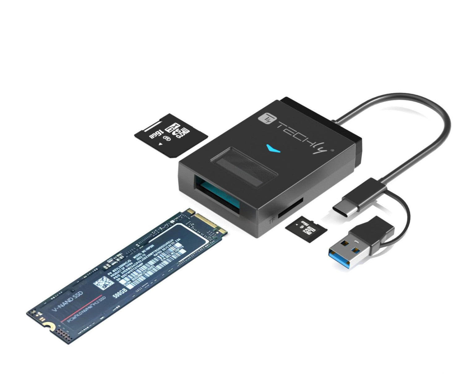 Techly Adattatore USB-A/USB-C a NVMe/SATA M.2 con Lettore Memorie SD/TF Nero