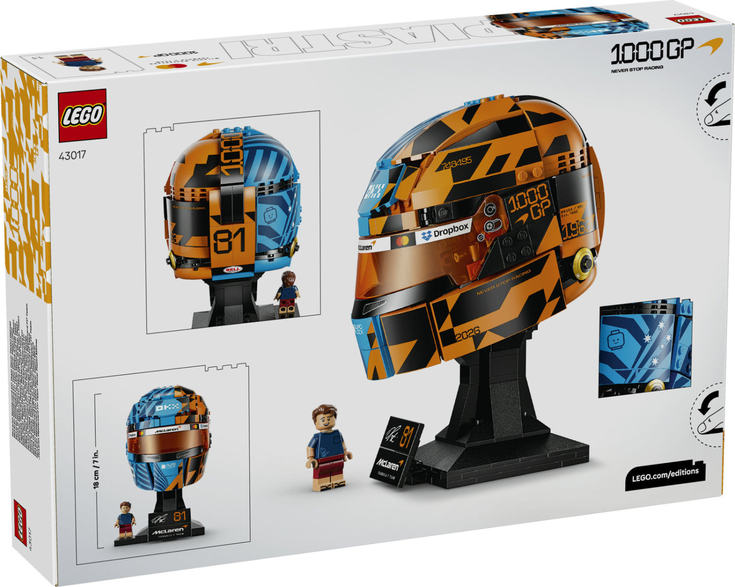 LEGO Editions 43017 Casco Di Oscar Piastri McLaren Mastercard F1 Team, Gadget F1 Con Minifigure Da Collezione, Regalo Da 14
