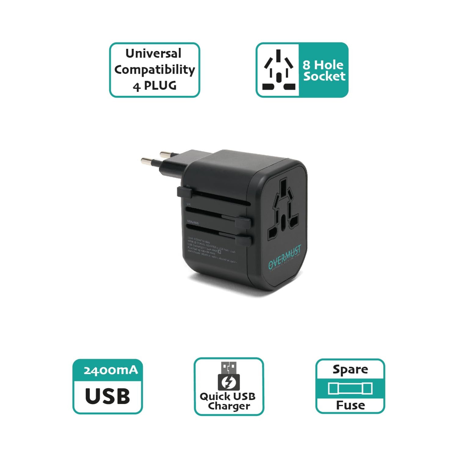 Overmust Adattatore Universale Da Viaggio 2 Porte USB UK/EU/USA/AUS 110-240V Doppio Fusibile 8A