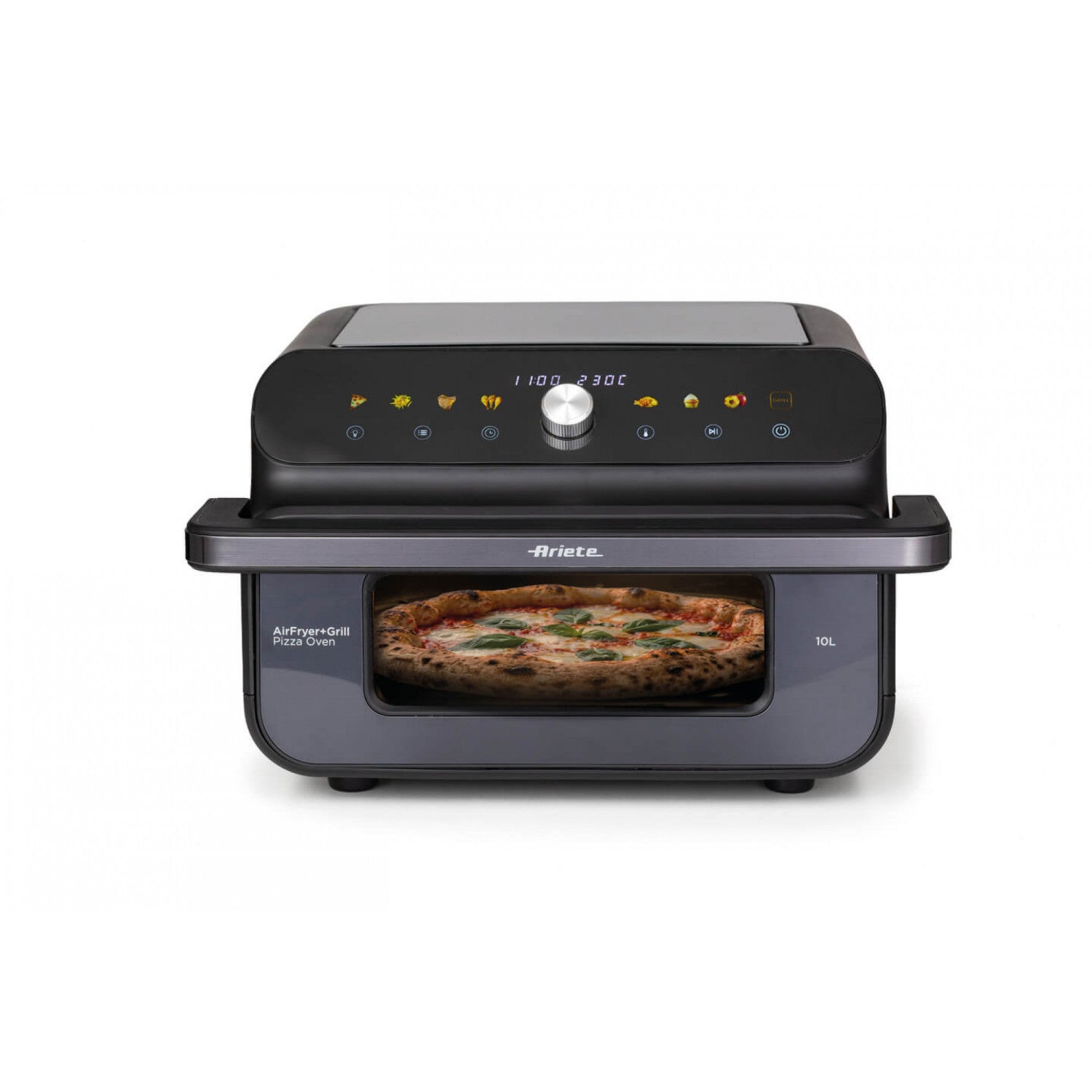 Ariete 4649 Air Fryer + Grill Pizza oven, Friggitrice e forno pizza, 2000W, Capacità 10L, 8 programmi di cottura, Timer, Cuoce una pizza intera, Finestra trasparente + luce, doppia resistenza, fino a 230°C