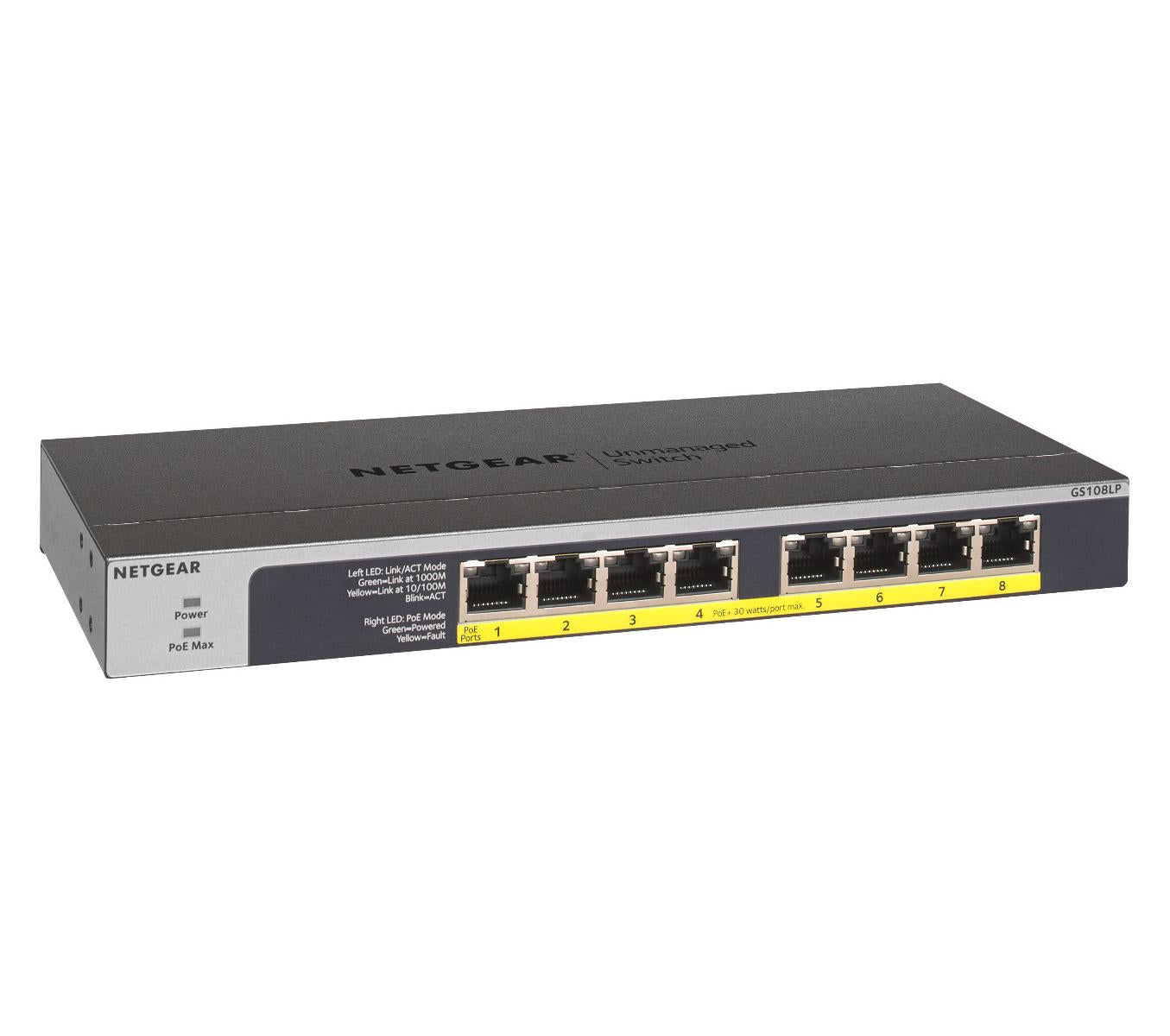 NETGEAR GS108LP Non gestito Gigabit Ethernet (10/100/1000) Supporto Power over Ethernet (PoE) 1U Nero, Grigio