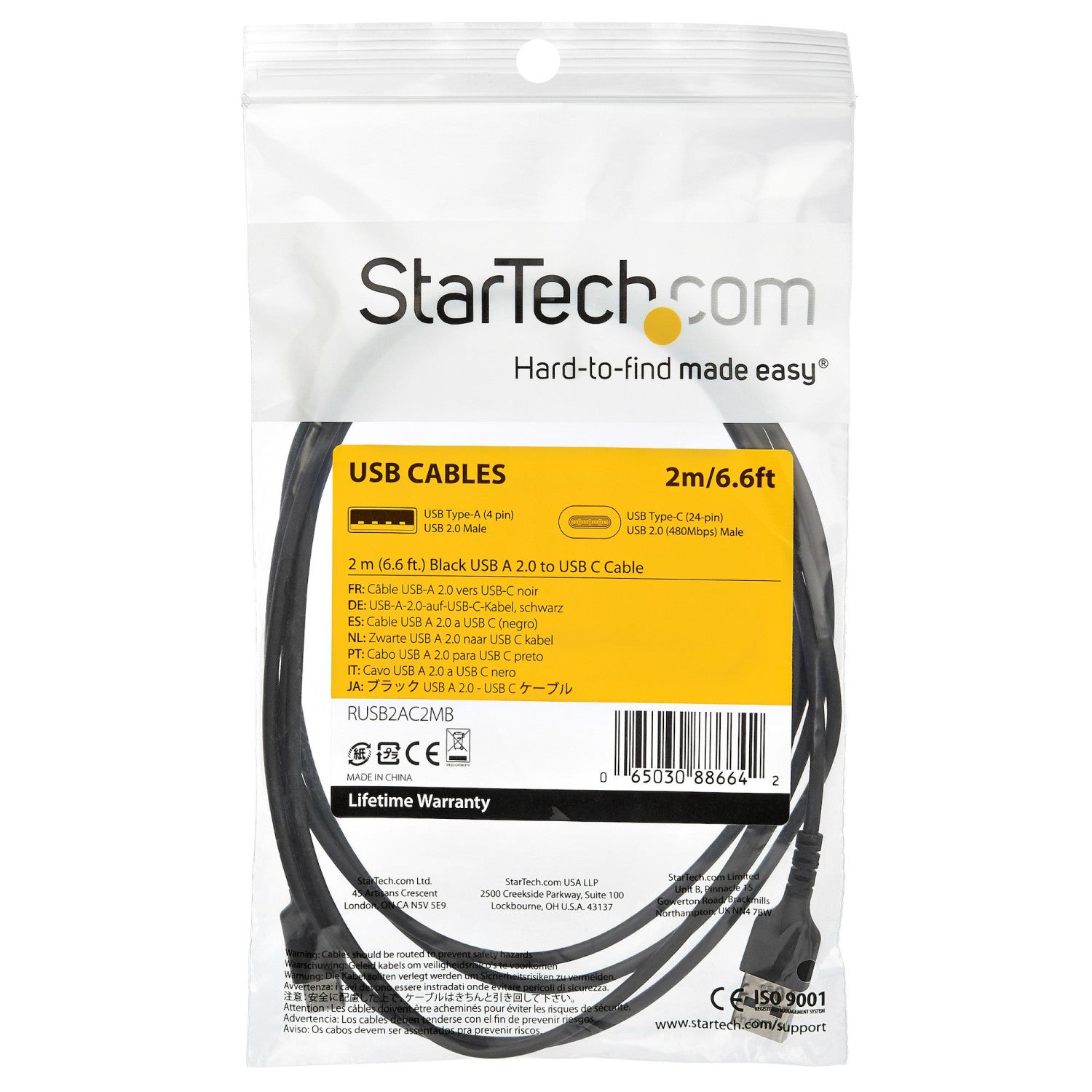 StarTech.com Cavo di Ricarica USB-A a USB-C da 2m - Resistente Cavetto USB-C di Ricarica Veloce e Sync da USB 2.0 a USB Type C 3A - Rivestimento in TPE e Fibra Aramidica M/M Nero - Samsung S10, Ipad Pro, Pixel