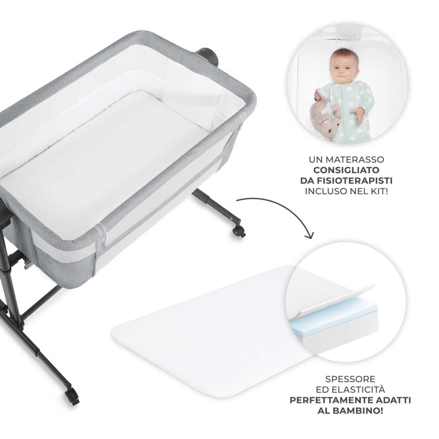 Kinderkraft Nestee Up 2 Culla Co-Sleeping 2 in 1, 5 Livelli di Altezza, 4 Ruote, con Materasso, Grigio Chiaro