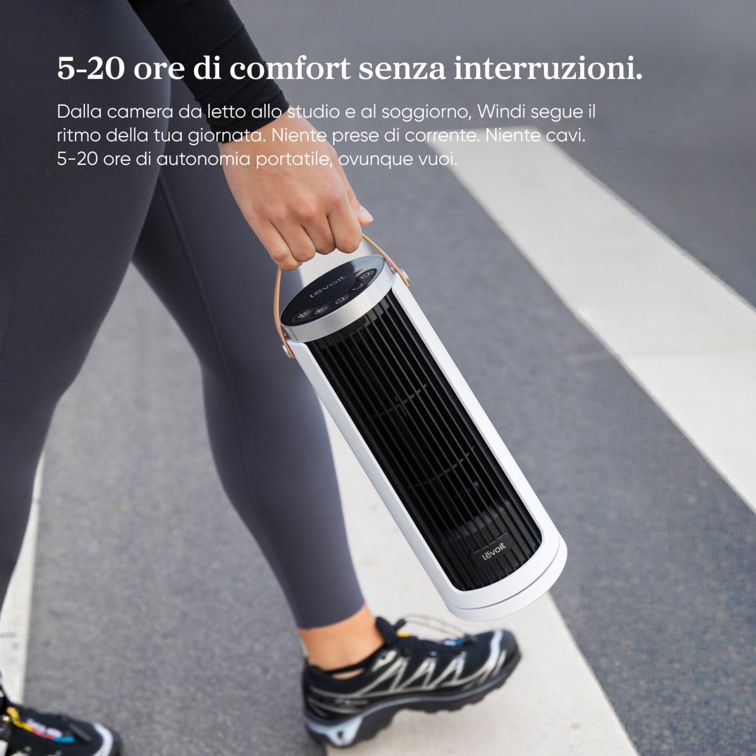 Levoit Windi Mini Plus Ventilatore a torre, 7,0 m/s, 5 velocità, timer da 1 a 12 ore, oscillazione di 90°, ricaricabile, portatile, ideale per l’uso sulla scrivania, adatto per l’uso all’aperto.