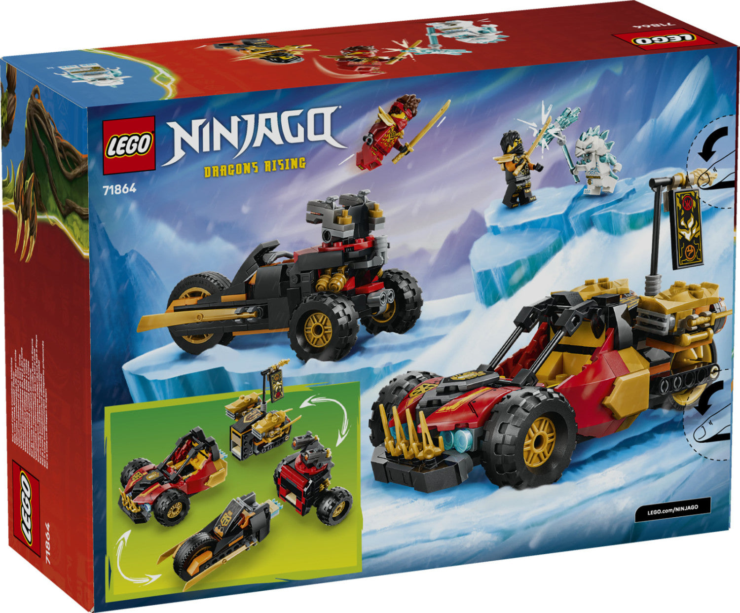 LEGO Ninjago 71864 Veicoli Combinanti di Kai e Cole, con Macchina e Moto Giocattolo e 3 Minifigure, Regalo per Bambini da 7