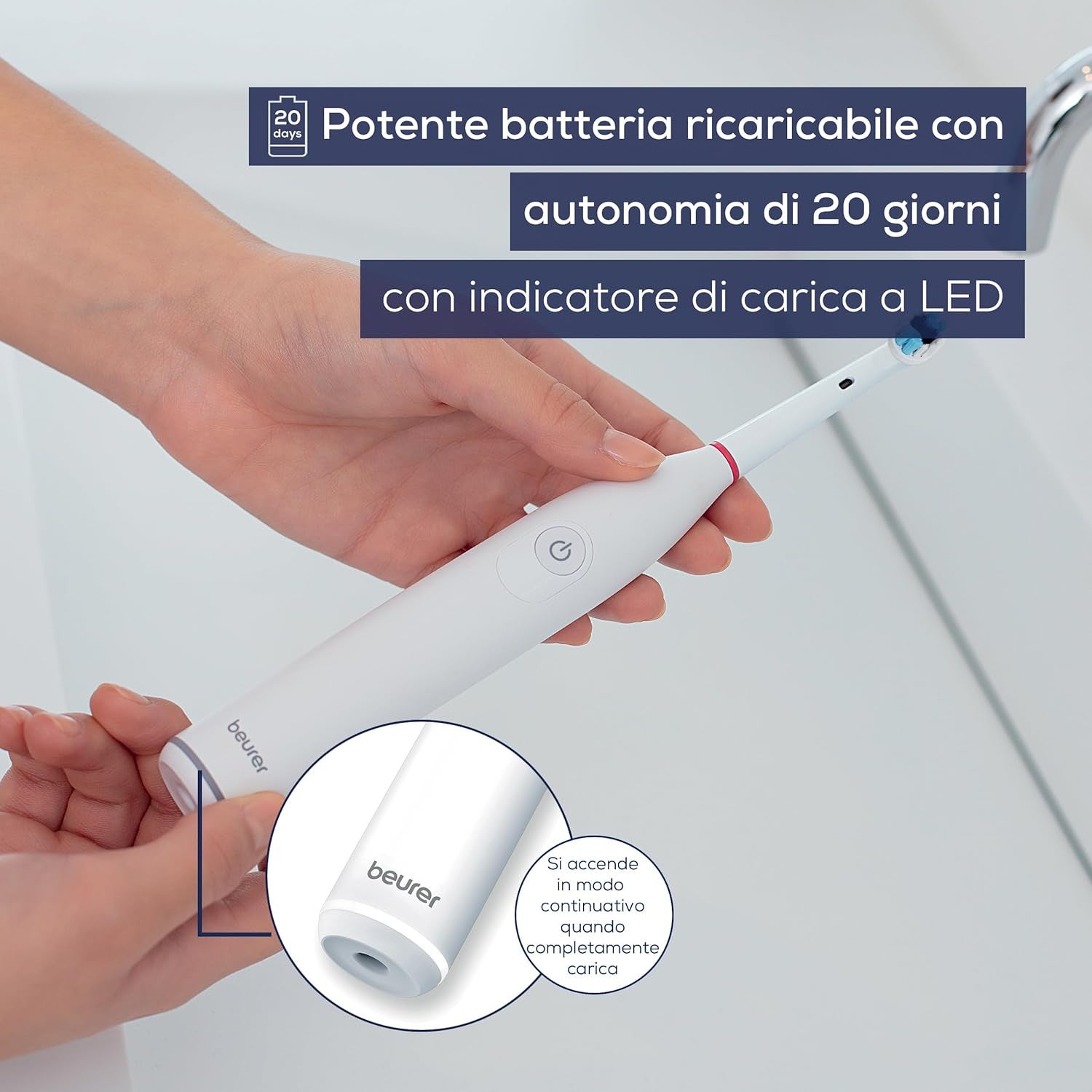 Beurer TB 30 Spazzolino Elettrico con 2 Programmi di Pulizia Personalizzati, Clean e Sensitive, e Timer Integrato da 2 Minuti per una Pulizia Corretta Batteria Ricaricabile con Autonomia di 20 Giorni