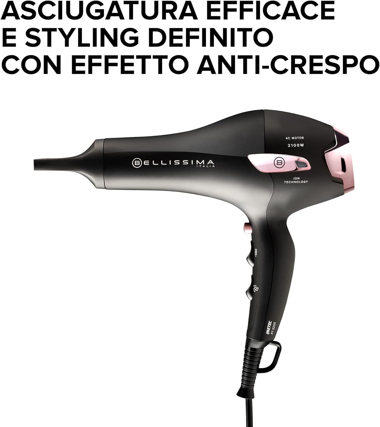 Imetec Bellissima P7 3200 Asciugacapelli Professionale Phon 2100 W Tecnologia a Ioni 2 velocita' 3 Temperature Nero Rosa