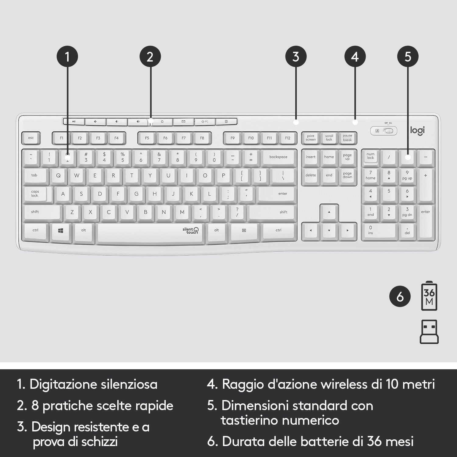 Logitech MK295 Kit Mouse e Tastiera Wireless Tecnologia Silent Touch Bianco