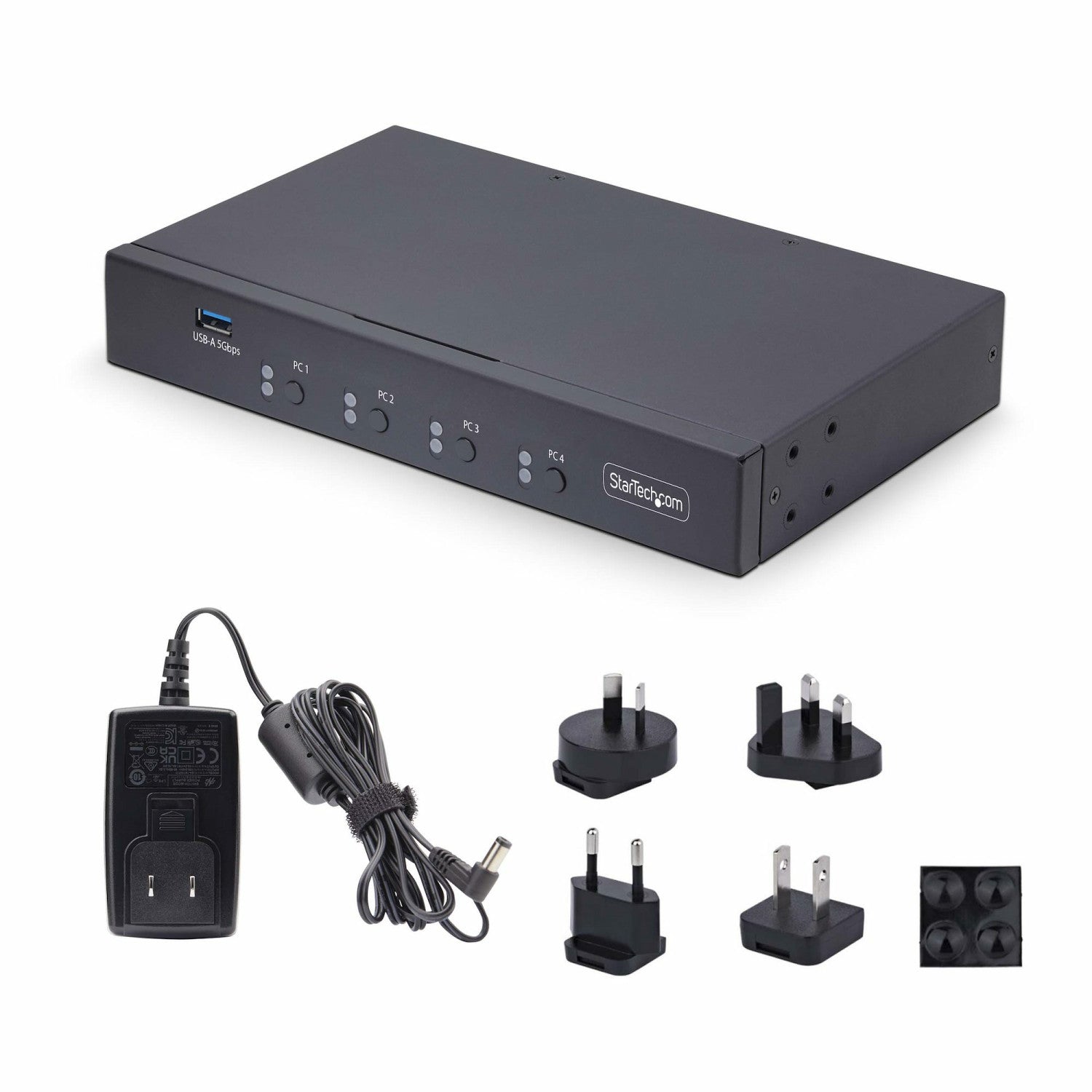 StarTech.com Switch KM a 4 porte con commutazione del mouse, switcher USB per tastiera/mouse, audio 3,5 mm/USB, Condivisione periferiche tra 4 PC, conforme a TAA