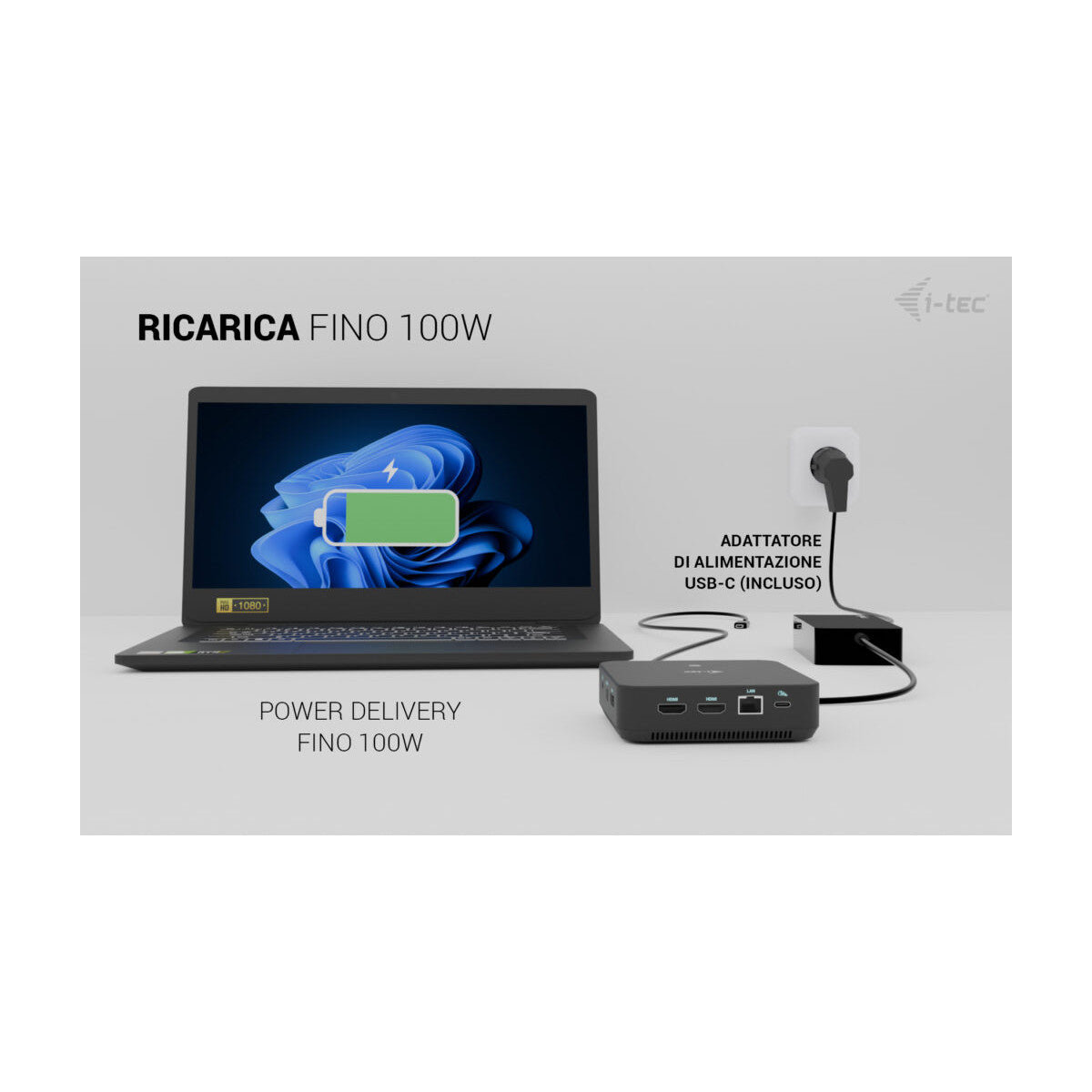 i-tec USB-C DP Dual HDMI Docking Station with Power Delivery 100 W Universal Charger 100W