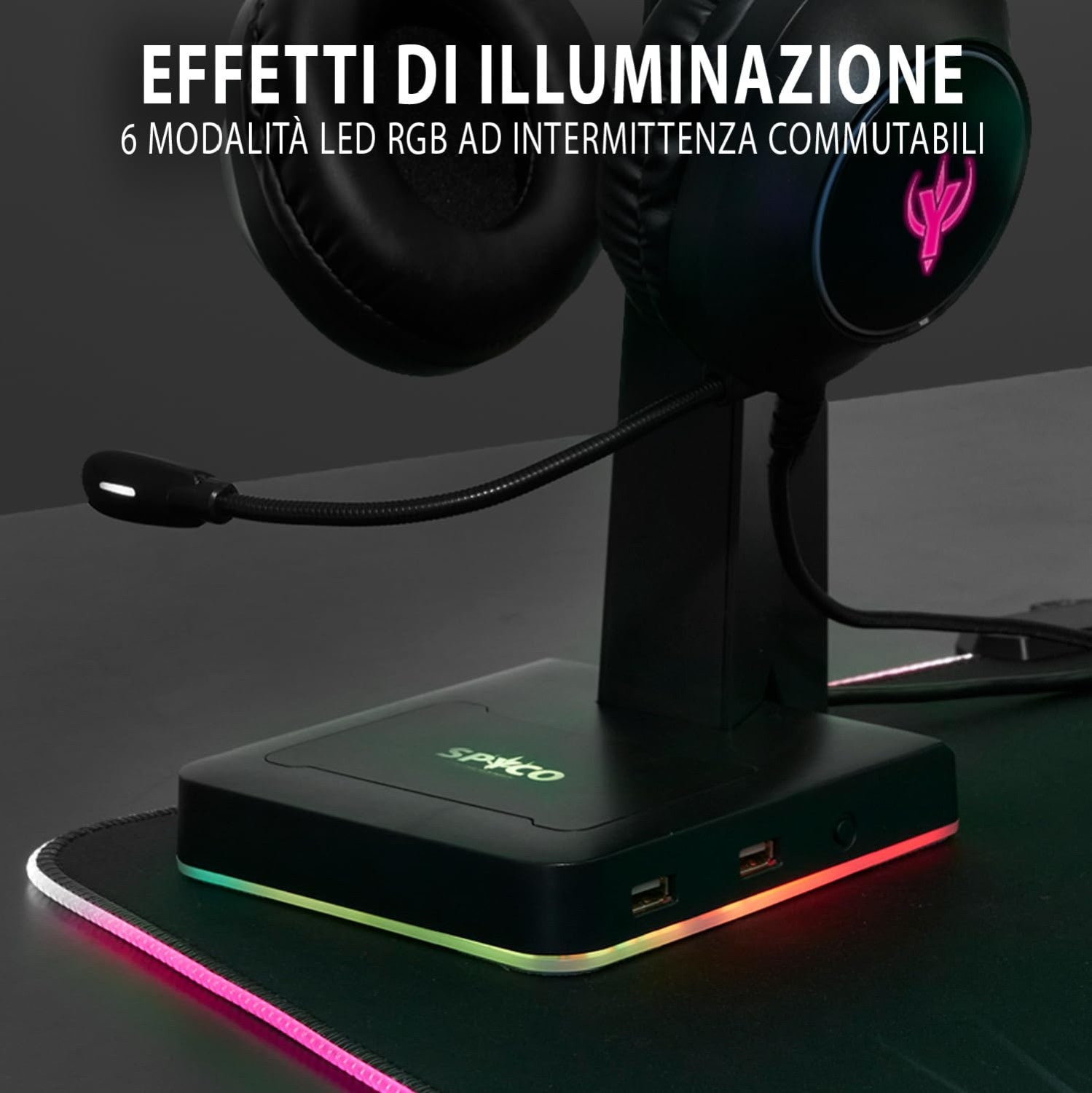 Spyco Supporto Cuffie Gaming Keeper HS-131 LED RGB 6 Modalità 2 Porte USB 2.0 Base Antiscivolo Plug-and-Play Nero