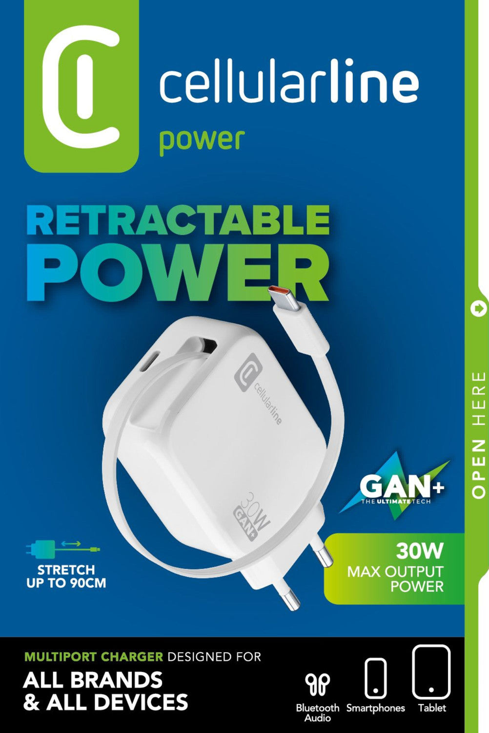 Cellularline Retractable Power 30W Caricabatterie da rete 30W con cavo retrattile USB-C e porta USB-C