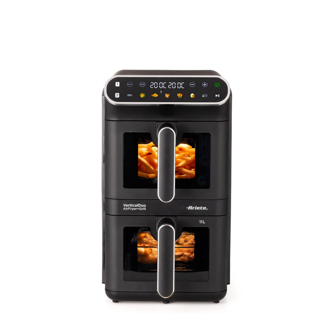 Ariete 4640 Air Fryer Vertical Duo - Friggitrice Ad Aria Doppia Verticale, 11L, 2460W, 6 Programmi, Funzioni Sync E Dual, Fino A 200 C, Nera