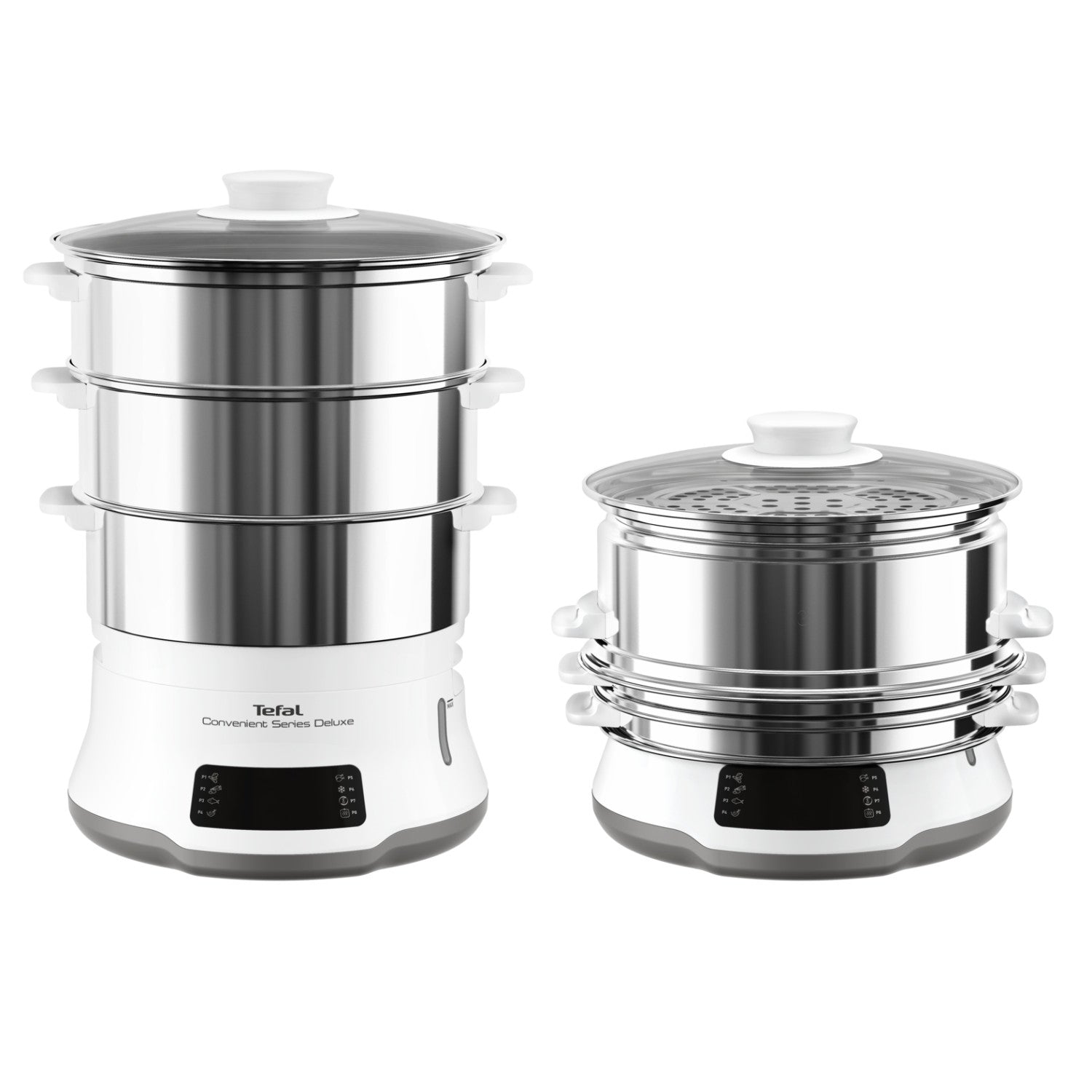 Tefal Convenient Series Deluxe VC502D pentola a vapore 3 cestelli Superficie piana 900 W Acciaio inox Bianco