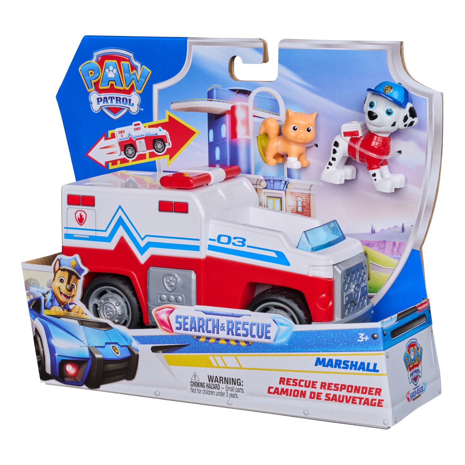 PAW Patrol : Search Rescue, Camion di Salvataggio di Marshall con 2 Personaggi, Camion Giocattolo a Retrocarica, Giocattoli per Bambini e Bambine, 3 Anni