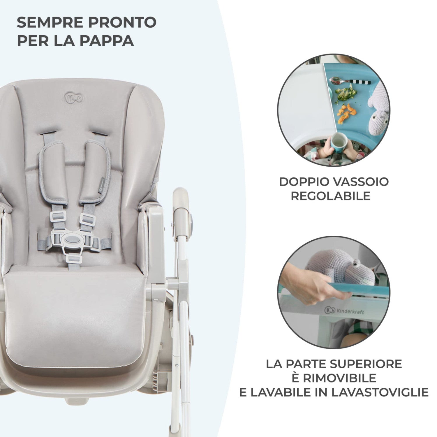 Kinderkraft Yummy Seggiolone Pappa Regolabile Pieghevole, 7 Altezze, Schienale 3 Posizioni, Cinture 5 Punti, 6 Mesi-3 Anni, Grigio