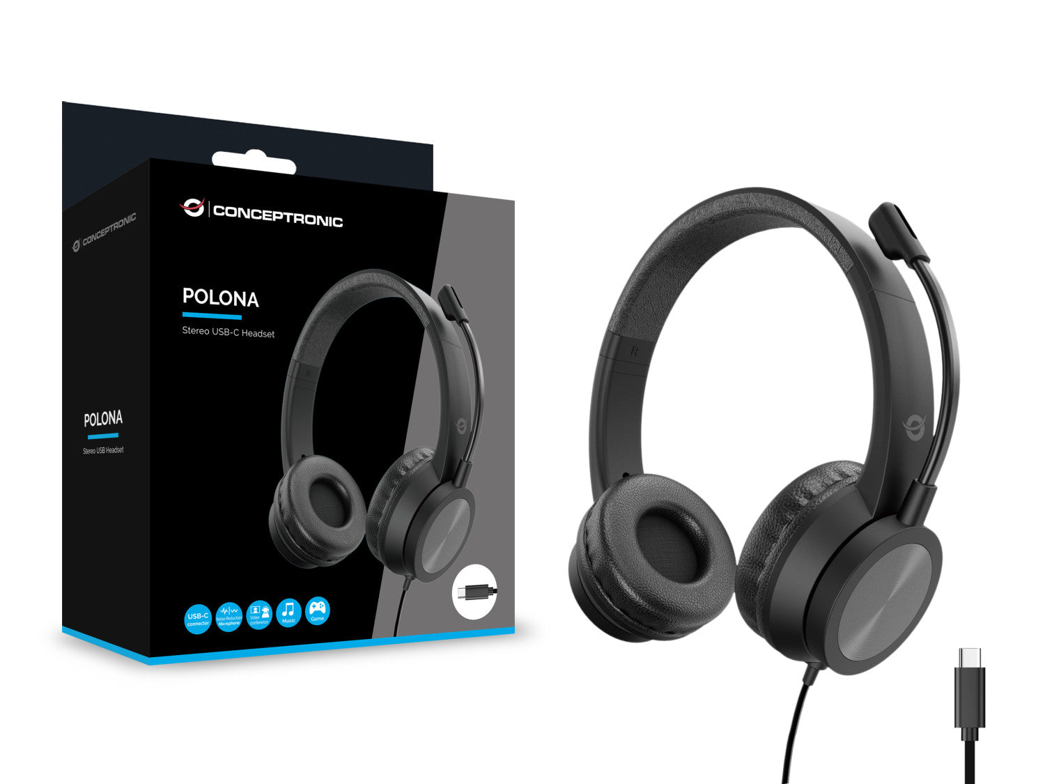 Conceptronic POLONA05BC cuffia e auricolare Cablato A Padiglione Musica e Chiamate USB tipo-C Nero