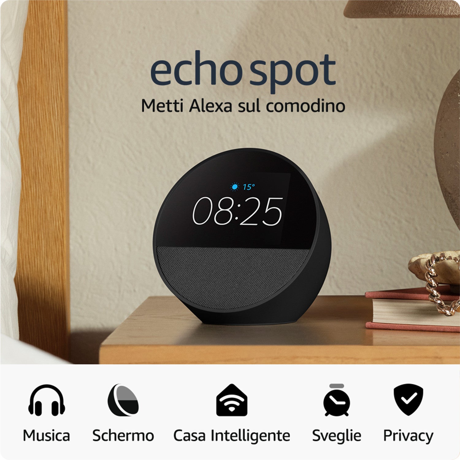 Amazon Nuovo Echo Spot (modello 2024) Sveglia intelligente con suono di qualità e Alexa Nero