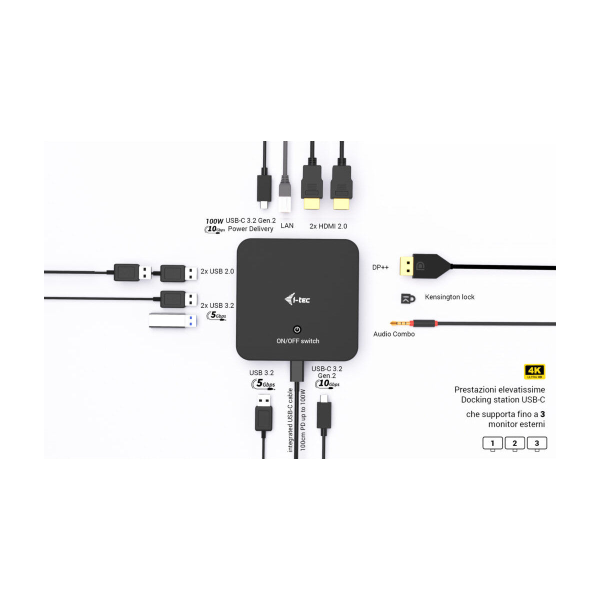 i-tec USB-C DP Dual HDMI Docking Station with Power Delivery 100 W Universal Charger 100W