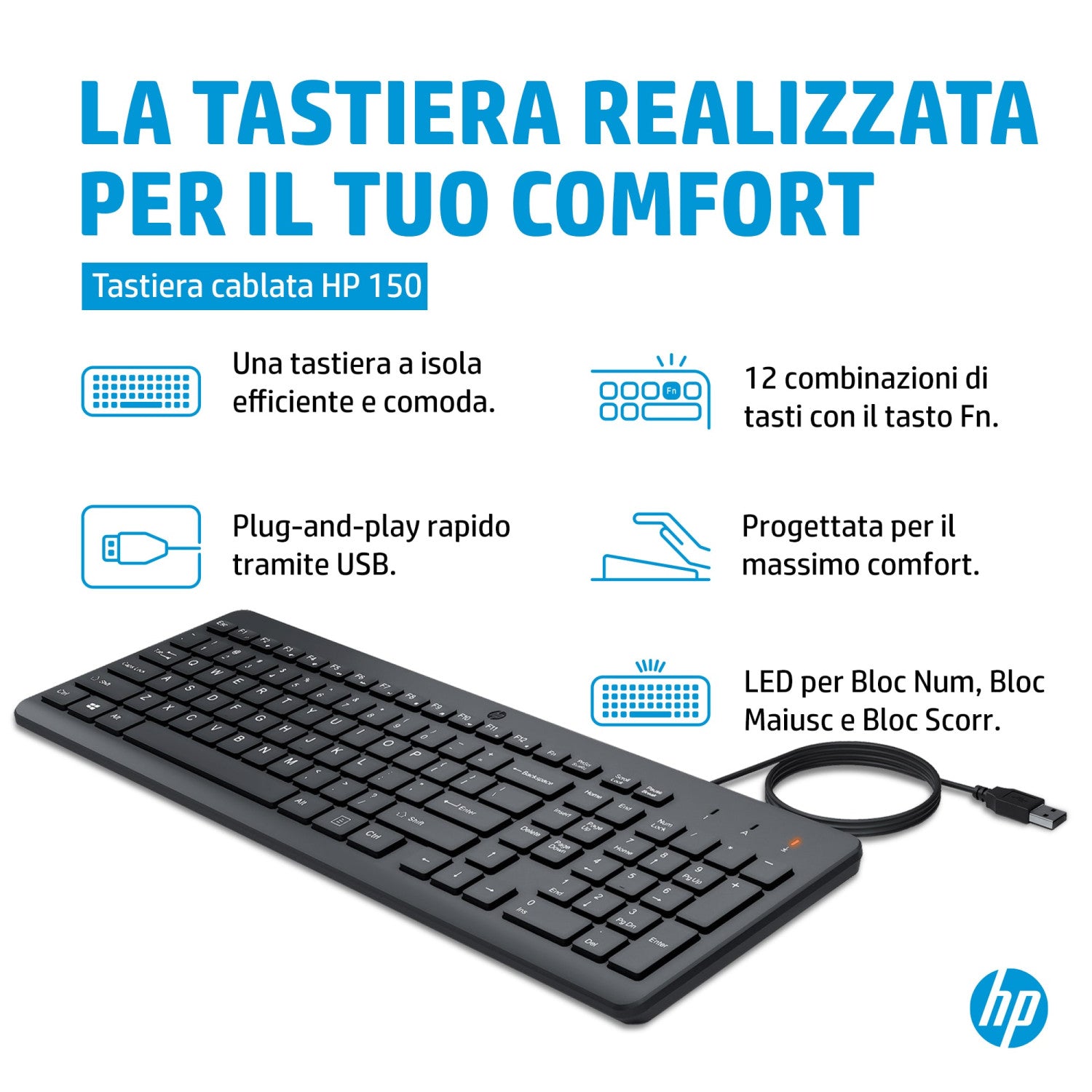 HP 150 Wired Keyboard tastiera USB Nero