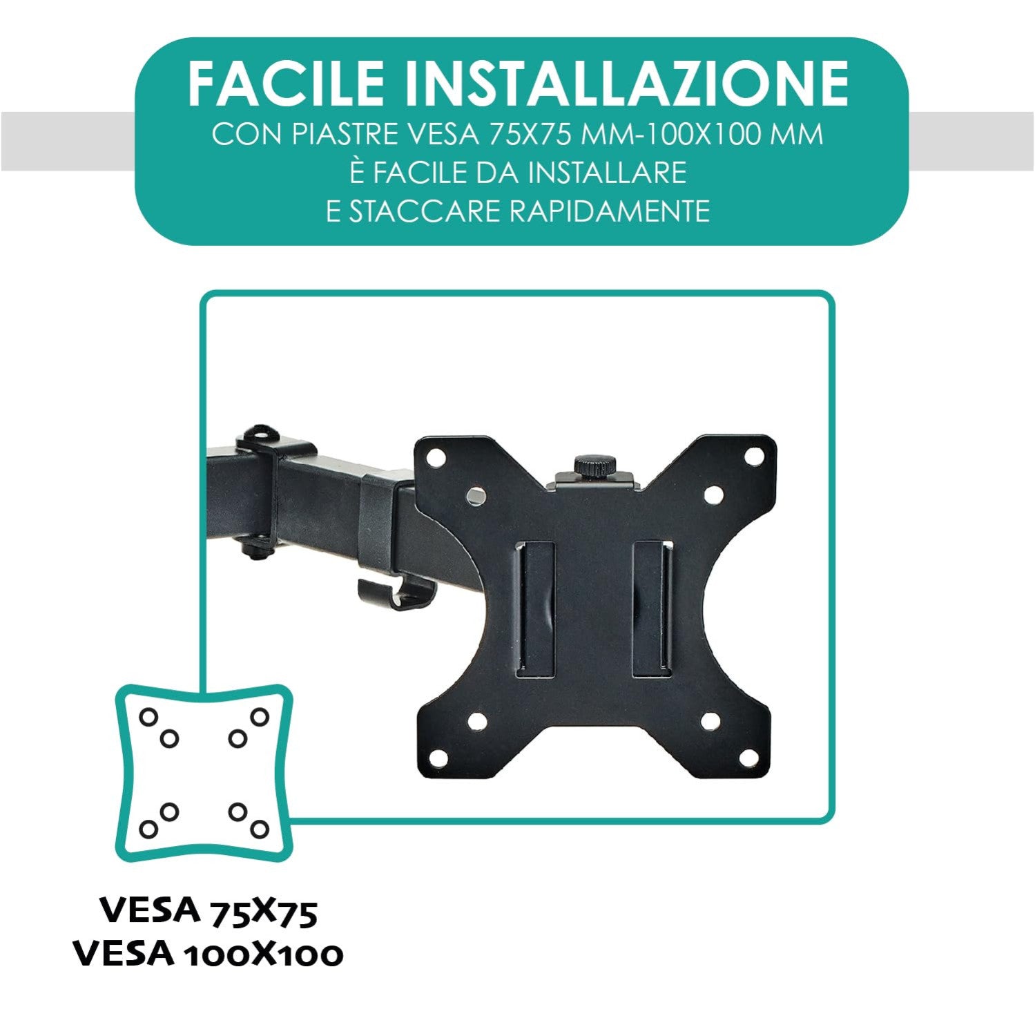 Overmust Braccio Singolo Per Monitor 13-32", Regolabile In Altezza 410mm, Capacità 10 Kg, Estensione 460mm, Vesa 75x75/100x100, Nero