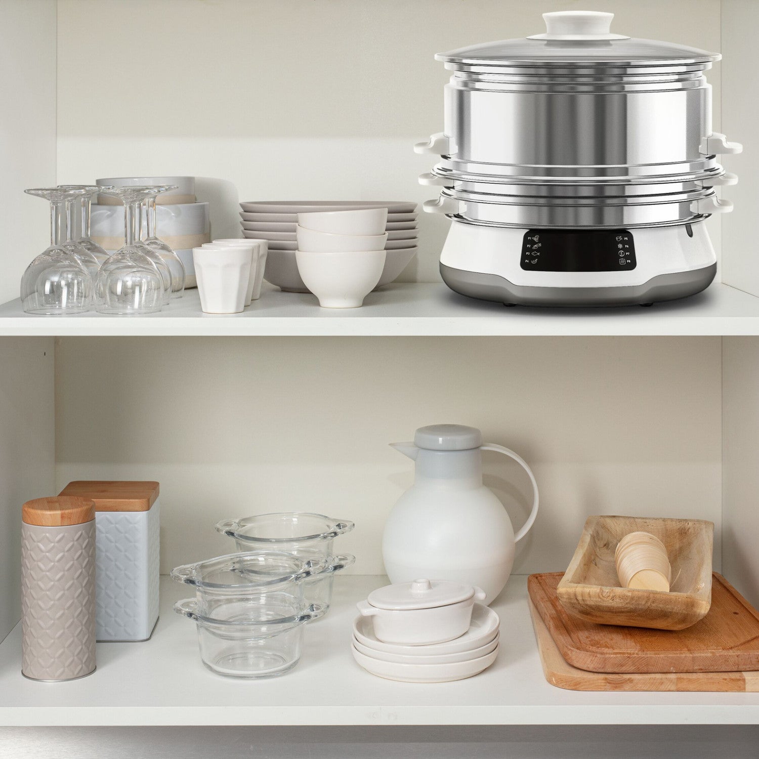 Tefal Convenient Series Deluxe VC502D pentola a vapore 3 cestelli Superficie piana 900 W Acciaio inox Bianco