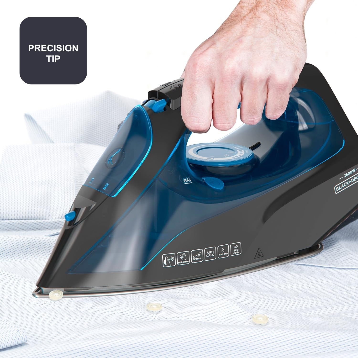 Black Decker BXIR2605E Ferro da Stiro a Vapore 2600W Piastra in Acciaio Inox Anti-Calcare Auto-Pulizia