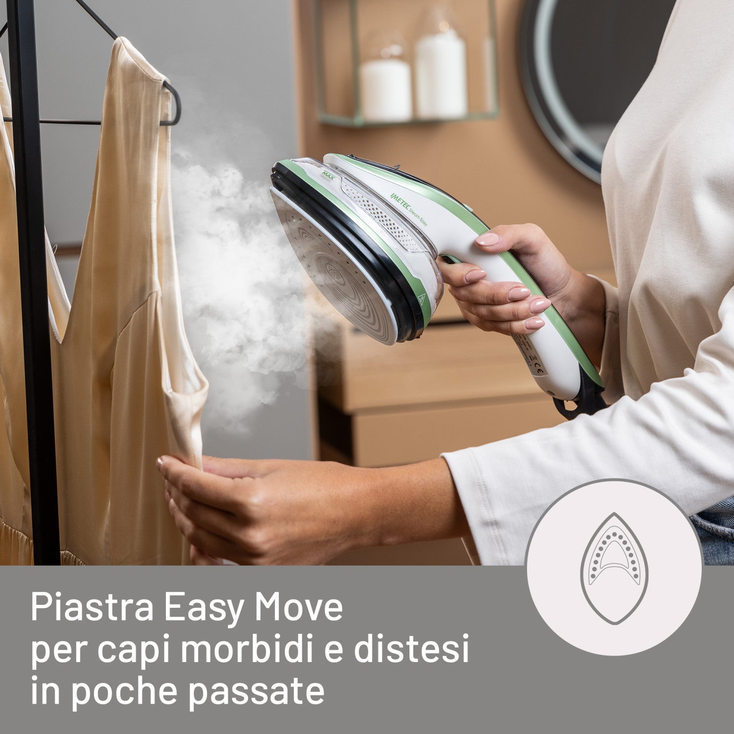 Imetec Steam Easy, ferro da stiro portatile verticale, stira in verticale e orizzontale, piastra ceramica, tripla regolazione di vapore e temperatura, display digitale, pronto in 30pollici, 1200 Watt