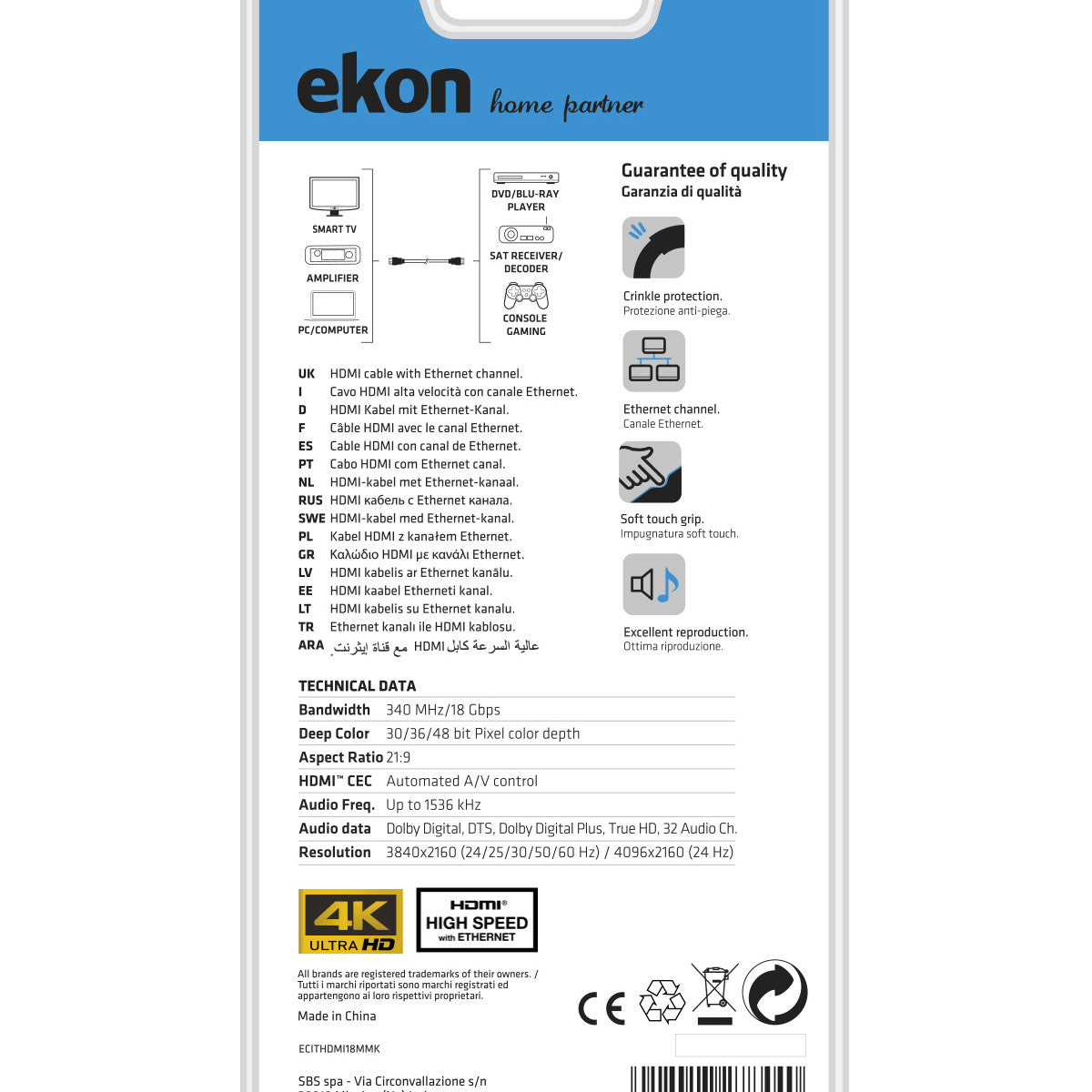 Ekon ECITHDMI18MMK cavo HDMI 1,8 m HDMI tipo A (Standard) Nero