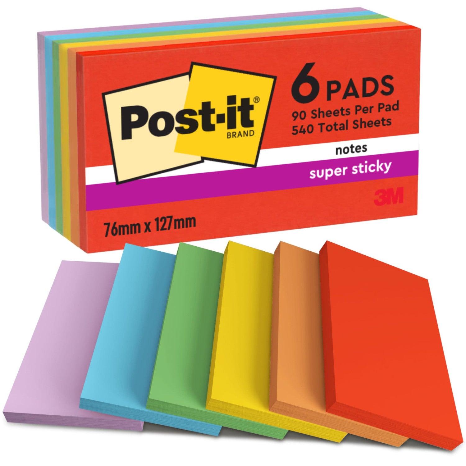 Post-It Foglietti Super Sticky Playful 655-6SS-PLAY - 76x127 mm - 6 Blocchetti da 90 Fogli - Colori Assortiti