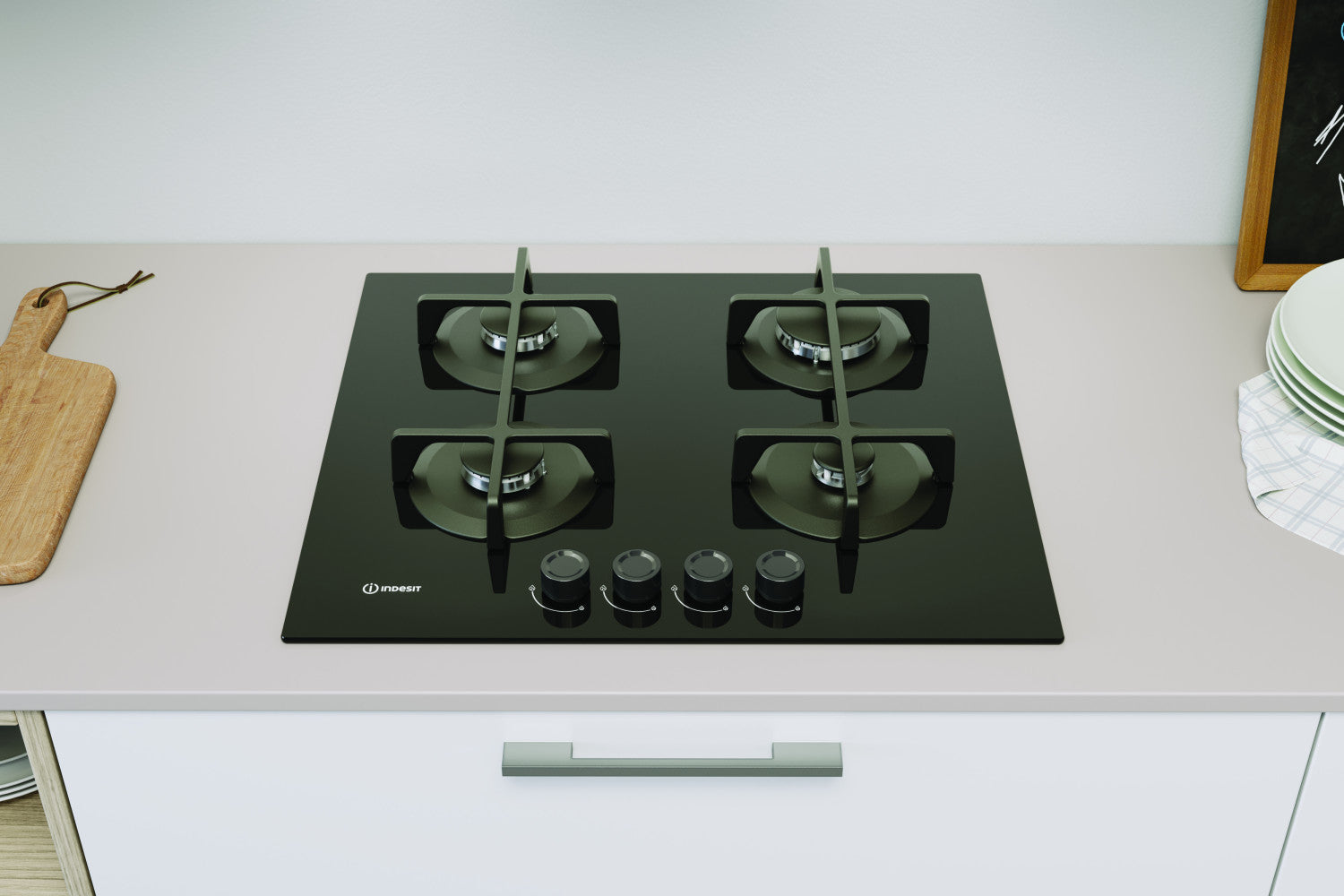 Indesit ING 61T/BK 1 piano gas vetro nero 60cm 4 fuochi griglie in ghisa lavabili in lavastoviglie